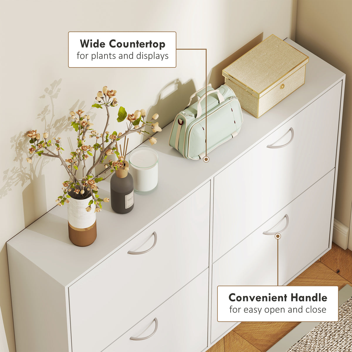 4-Drawer Flip Down Shoe Rack - White Wooden Cabinet-Home Furnishings > Storage & Organization > Shoe Storage Cabinets & Racks-DECOROLALA