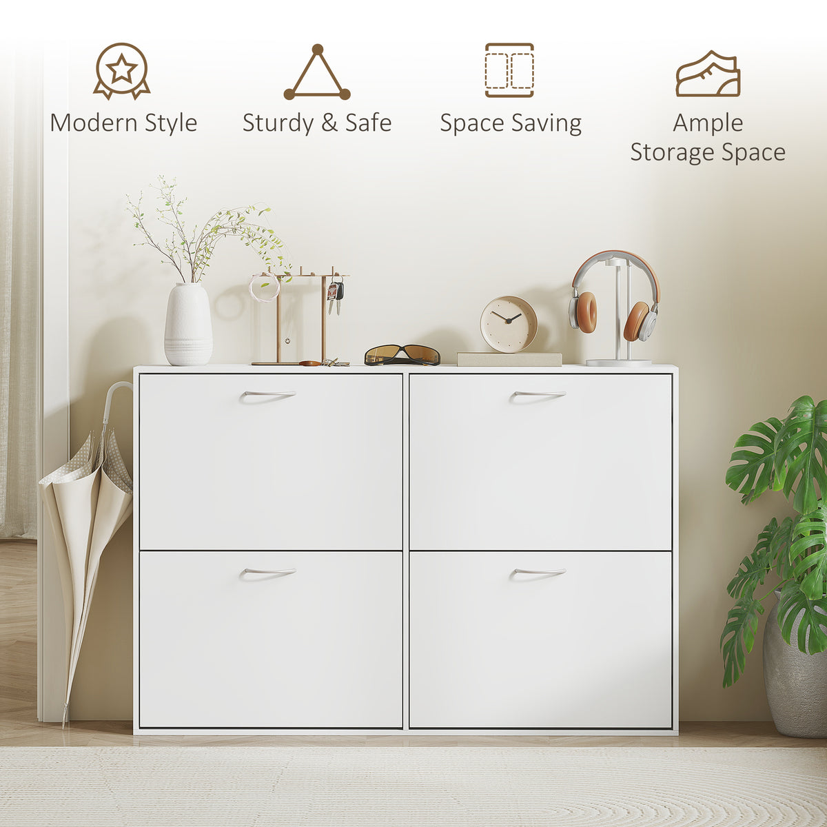 4-Drawer Flip Down Shoe Rack - White Wooden Cabinet-Home Furnishings > Storage & Organization > Shoe Storage Cabinets & Racks-DECOROLALA