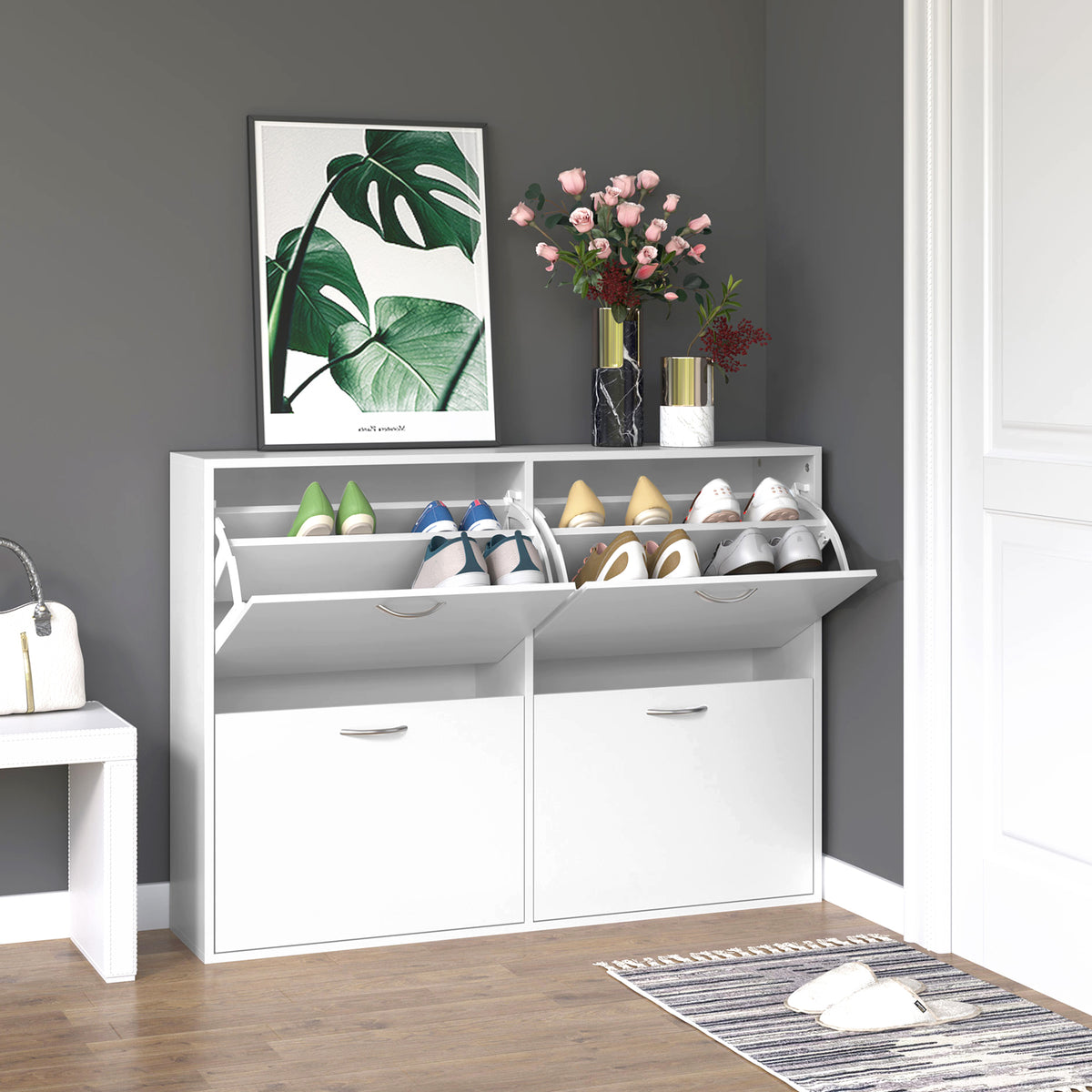 4-Drawer Flip Down Shoe Rack - White Wooden Cabinet-Home Furnishings > Storage & Organization > Shoe Storage Cabinets & Racks-DECOROLALA