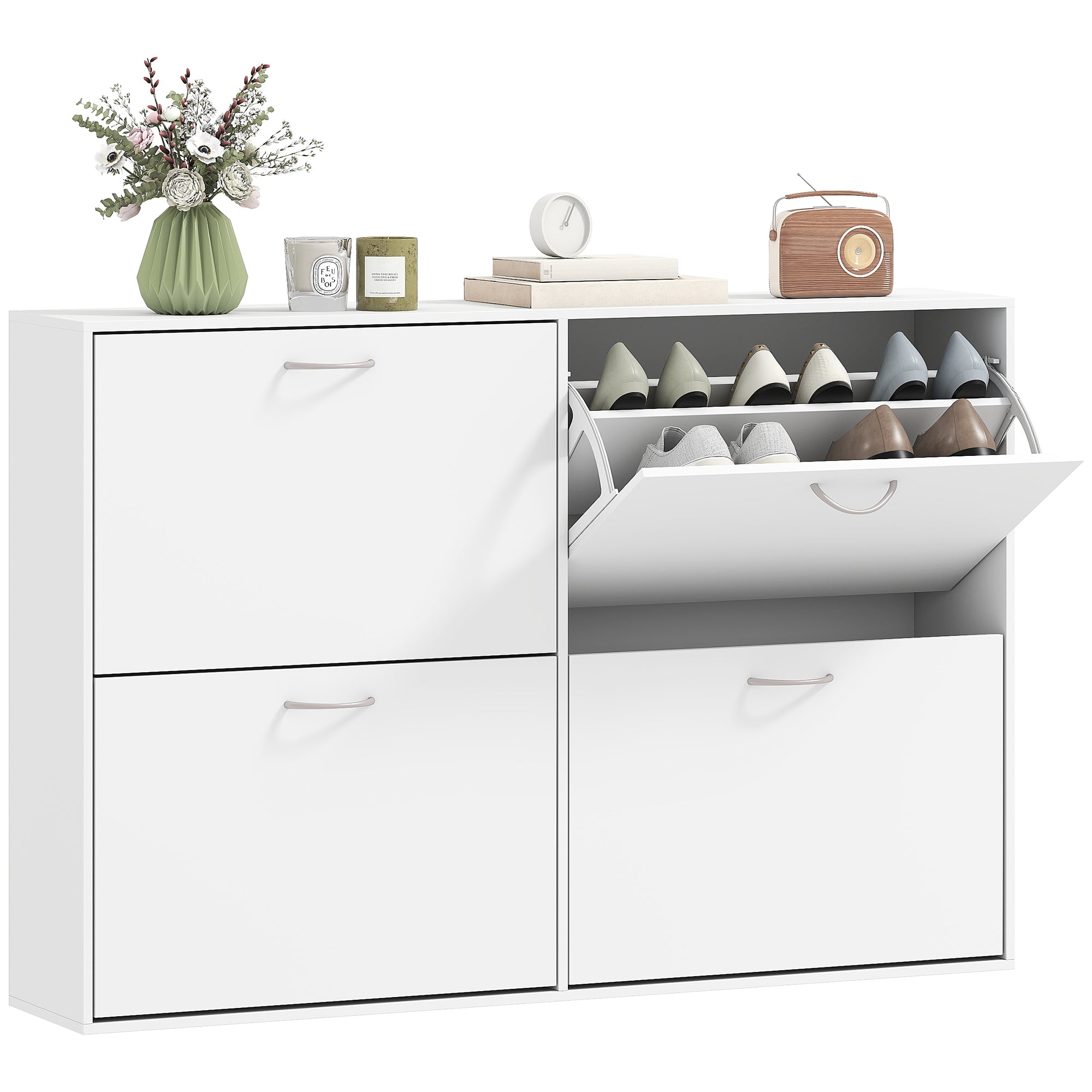 4-Drawer Flip Down Shoe Rack - White Wooden Cabinet-Home Furnishings > Storage & Organization > Shoe Storage Cabinets & Racks-DECOROLALA