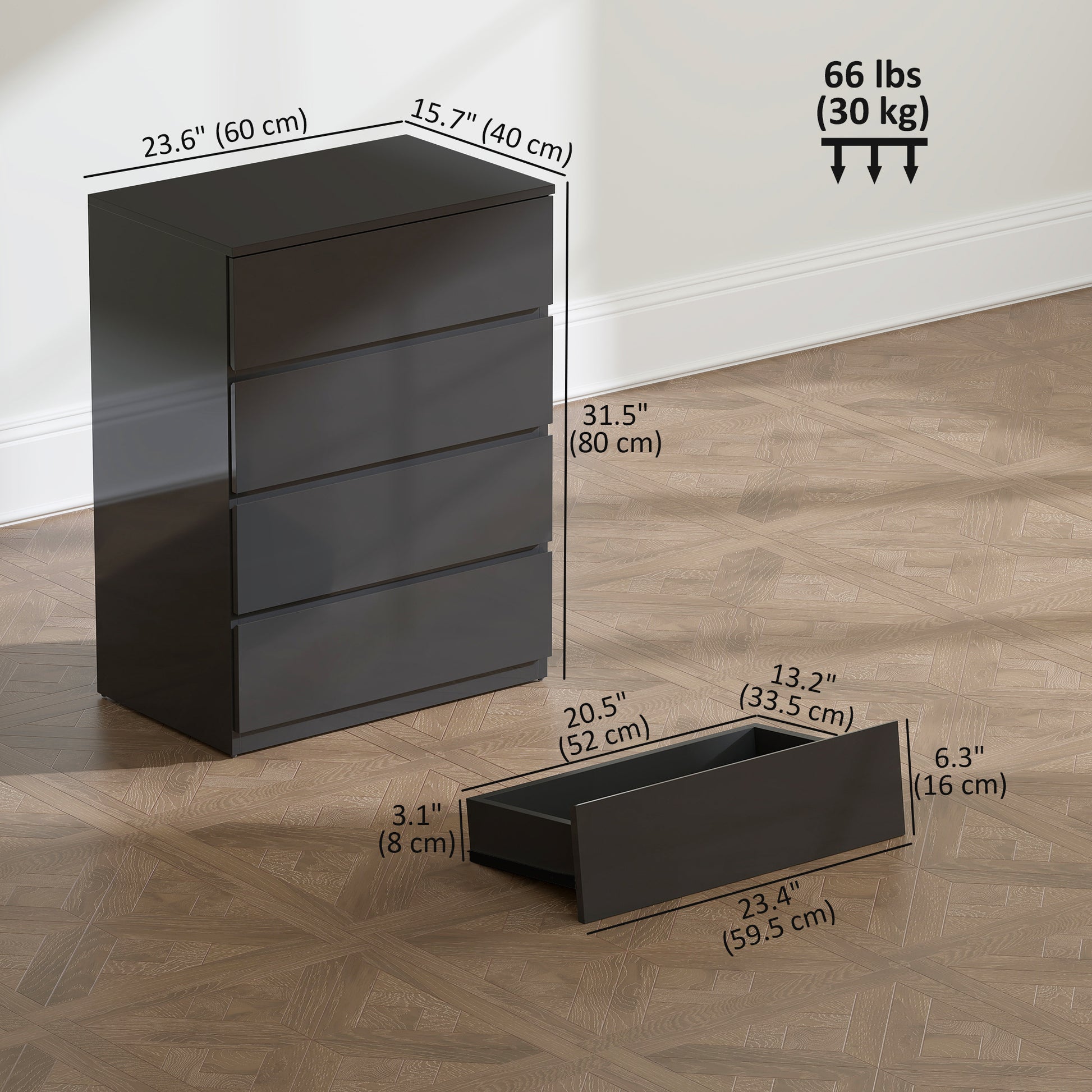 4-Drawer High Gloss Chest of Drawers - Black 60cm Wide-DECOROLALA