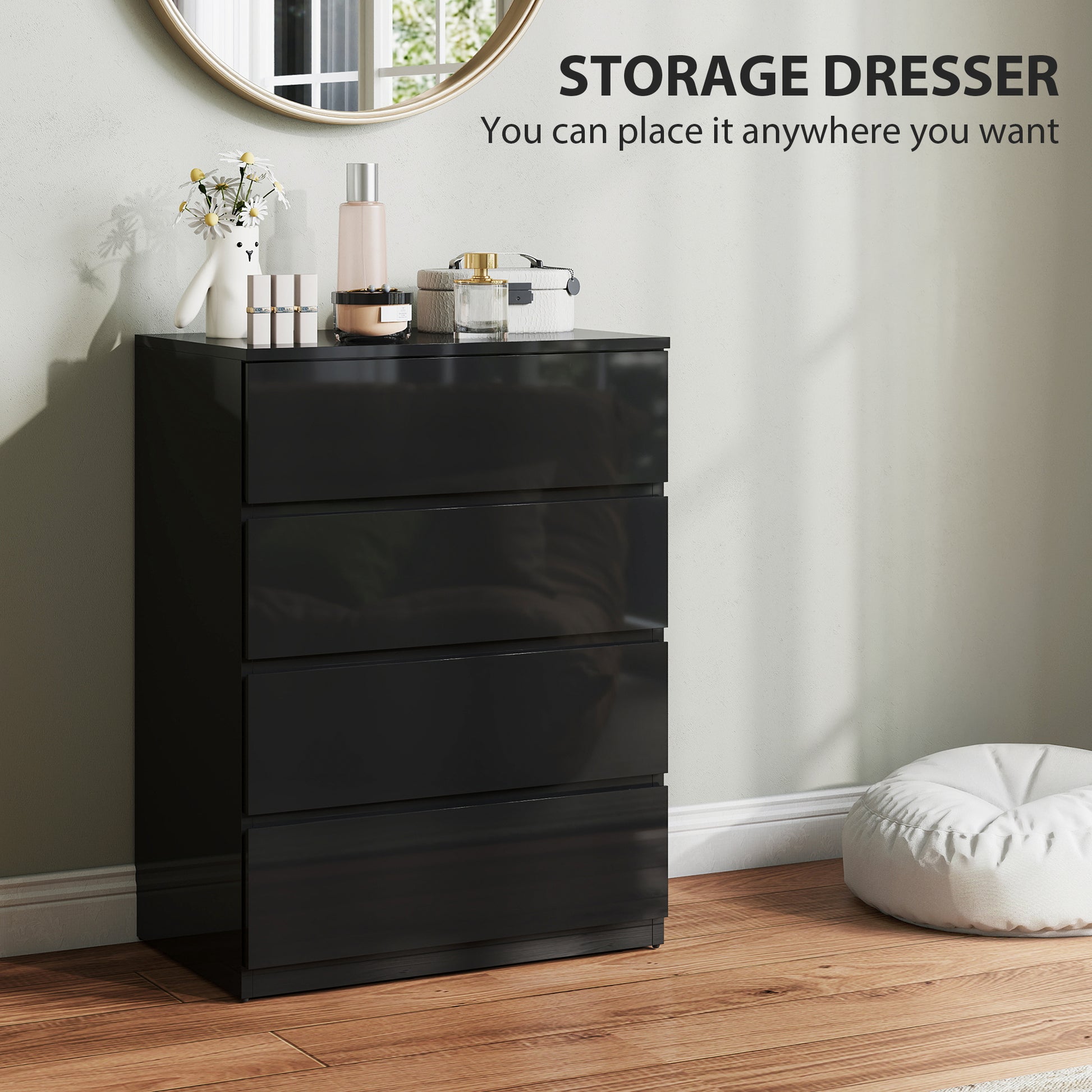 4-Drawer High Gloss Chest of Drawers - Black 60cm Wide-DECOROLALA