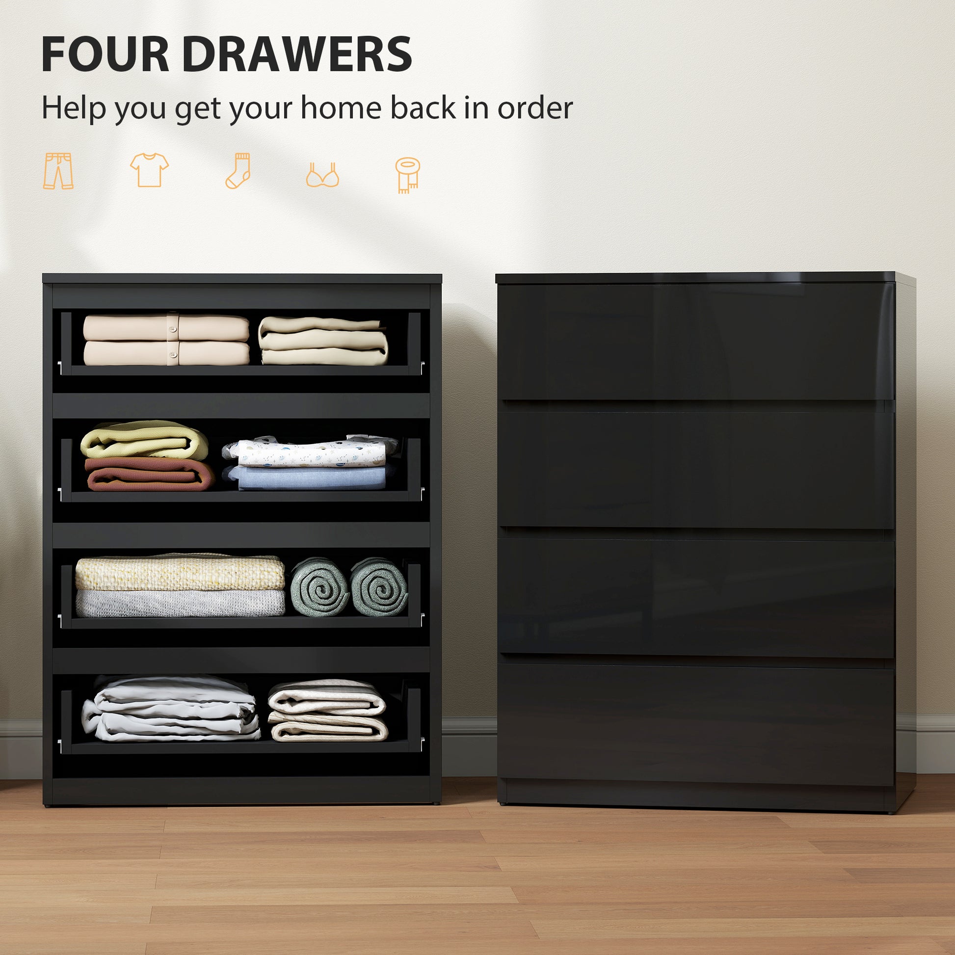 4-Drawer High Gloss Chest of Drawers - Black 60cm Wide-DECOROLALA