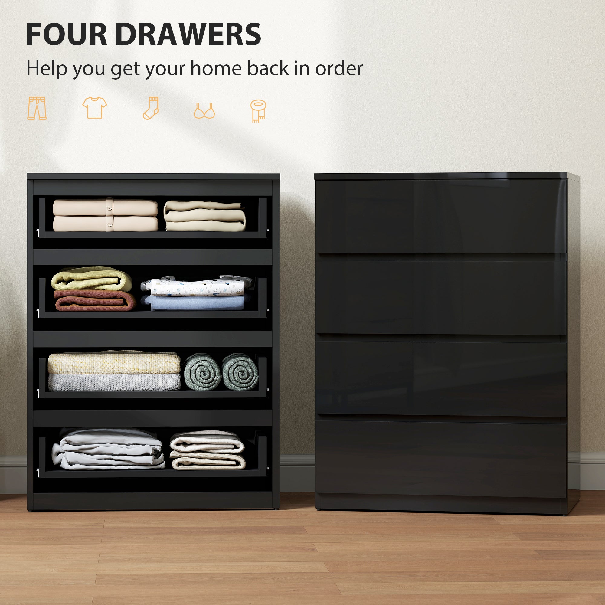 4-Drawer High Gloss Chest of Drawers - Black 60cm Wide-DECOROLALA