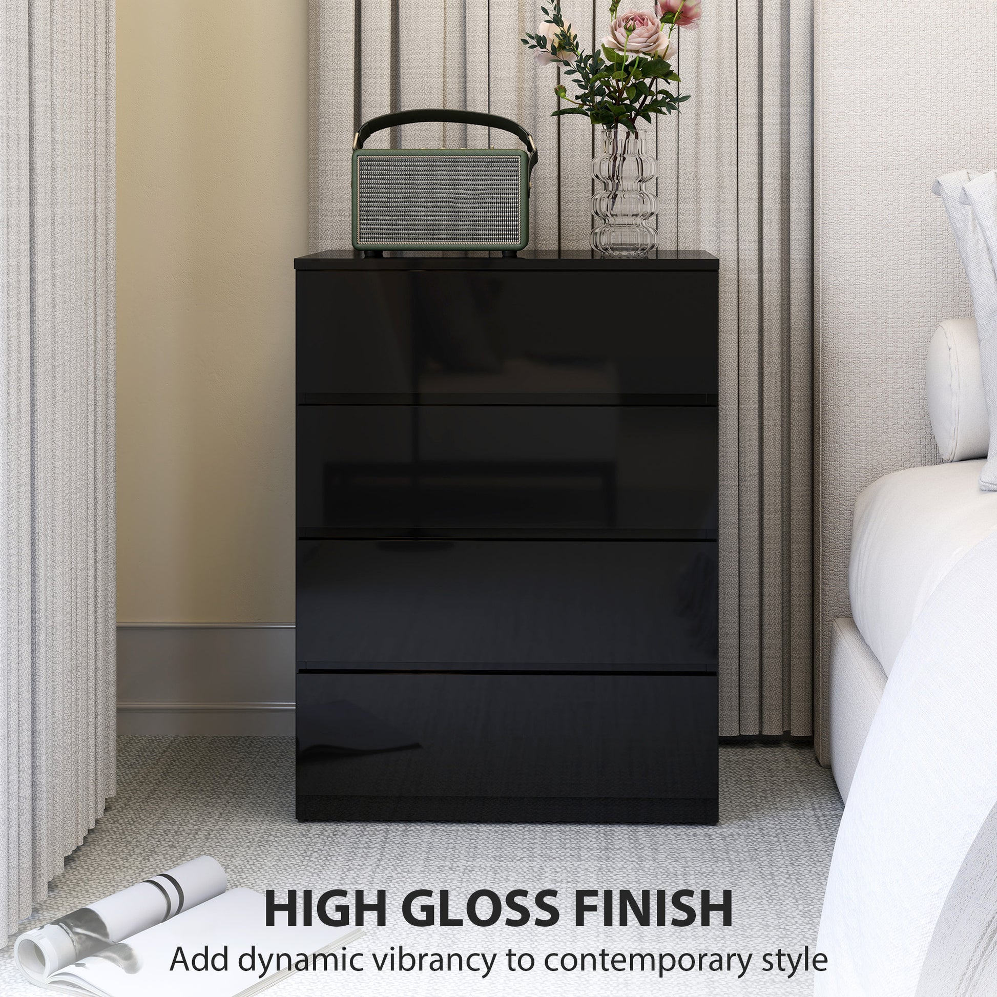 4-Drawer High Gloss Chest of Drawers - Black 60cm Wide-DECOROLALA