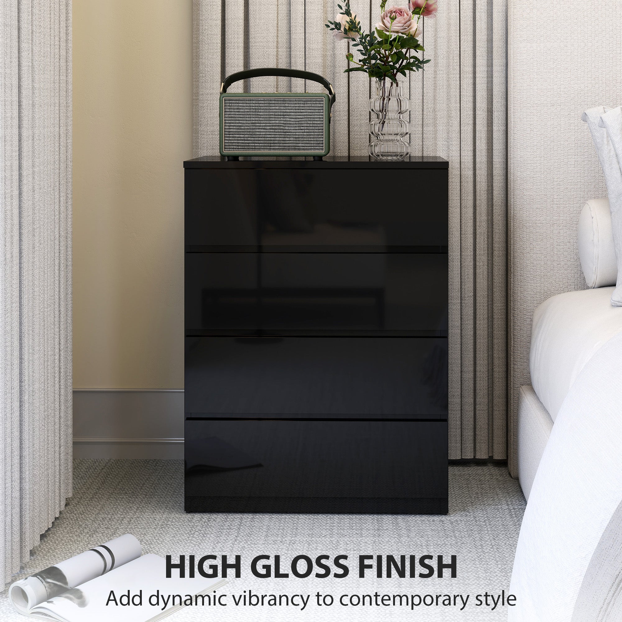 4-Drawer High Gloss Chest of Drawers - Black 60cm Wide-DECOROLALA