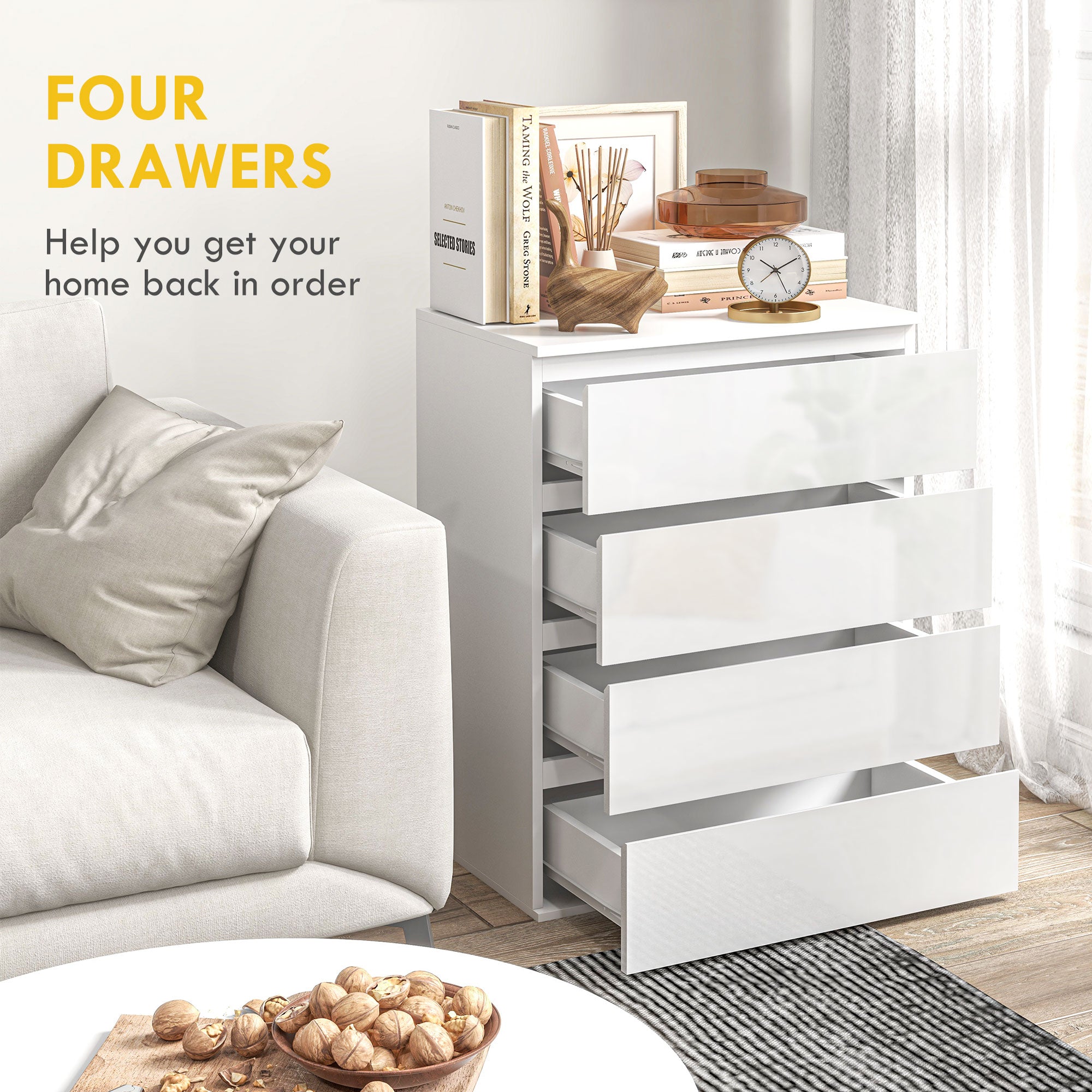 4-Drawer High Gloss Chest of Drawers - White 24" Slim Cabinet-DECOROLALA