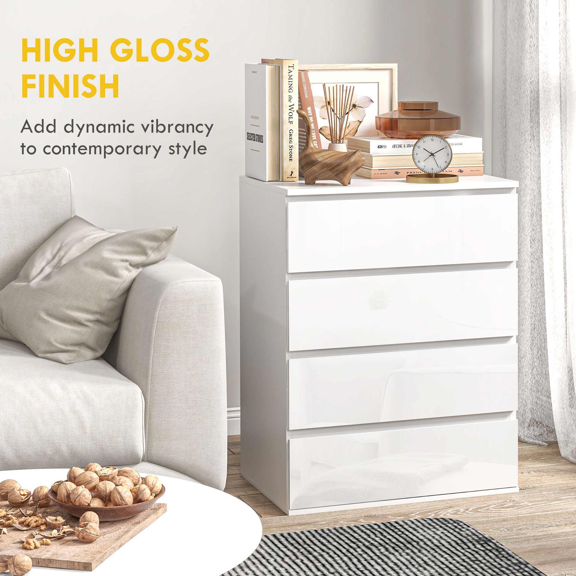 4-Drawer High Gloss Chest of Drawers - White 24" Slim Cabinet-DECOROLALA