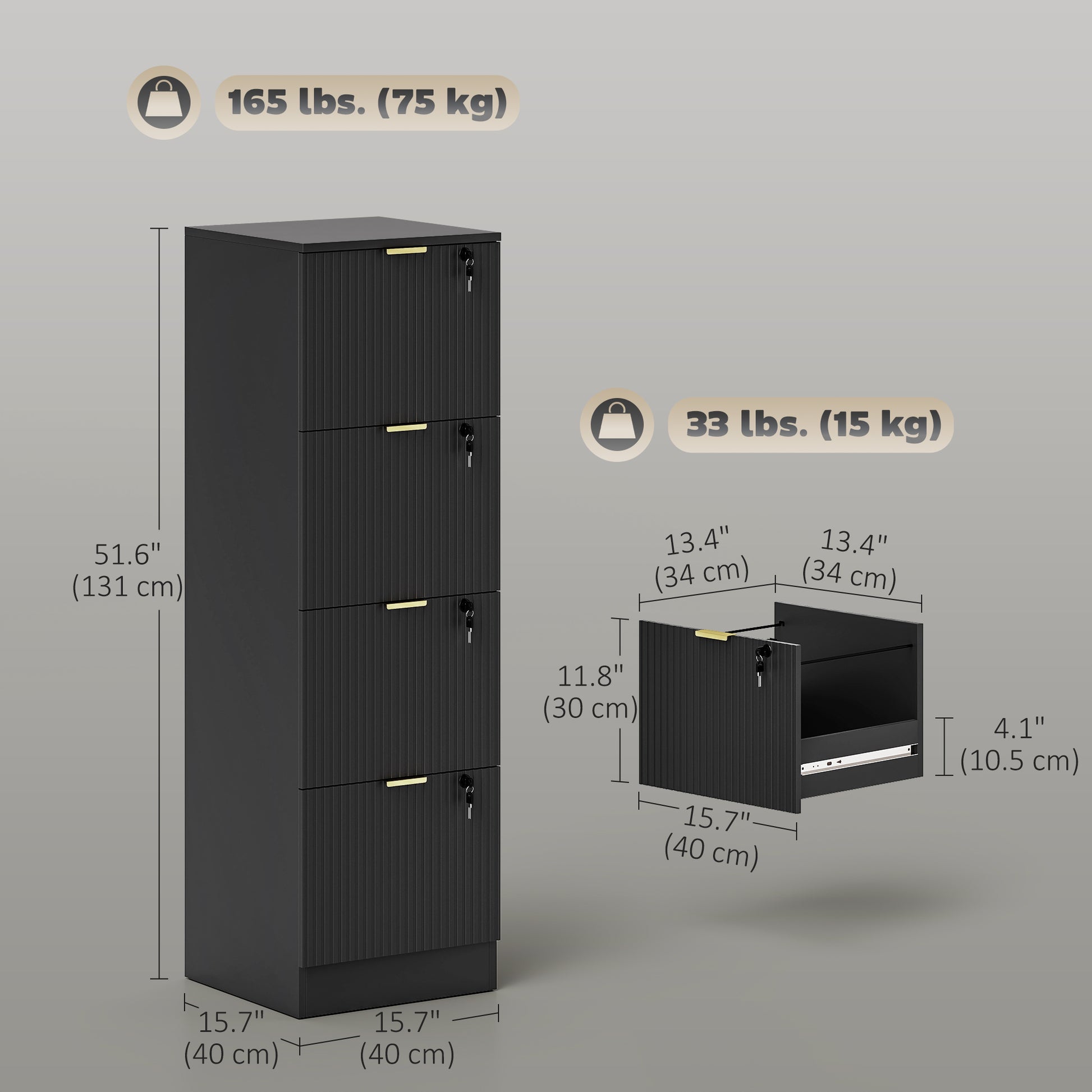 4-Drawer Lockable Filing Cabinet - Black Fluted MDF-DECOROLALA