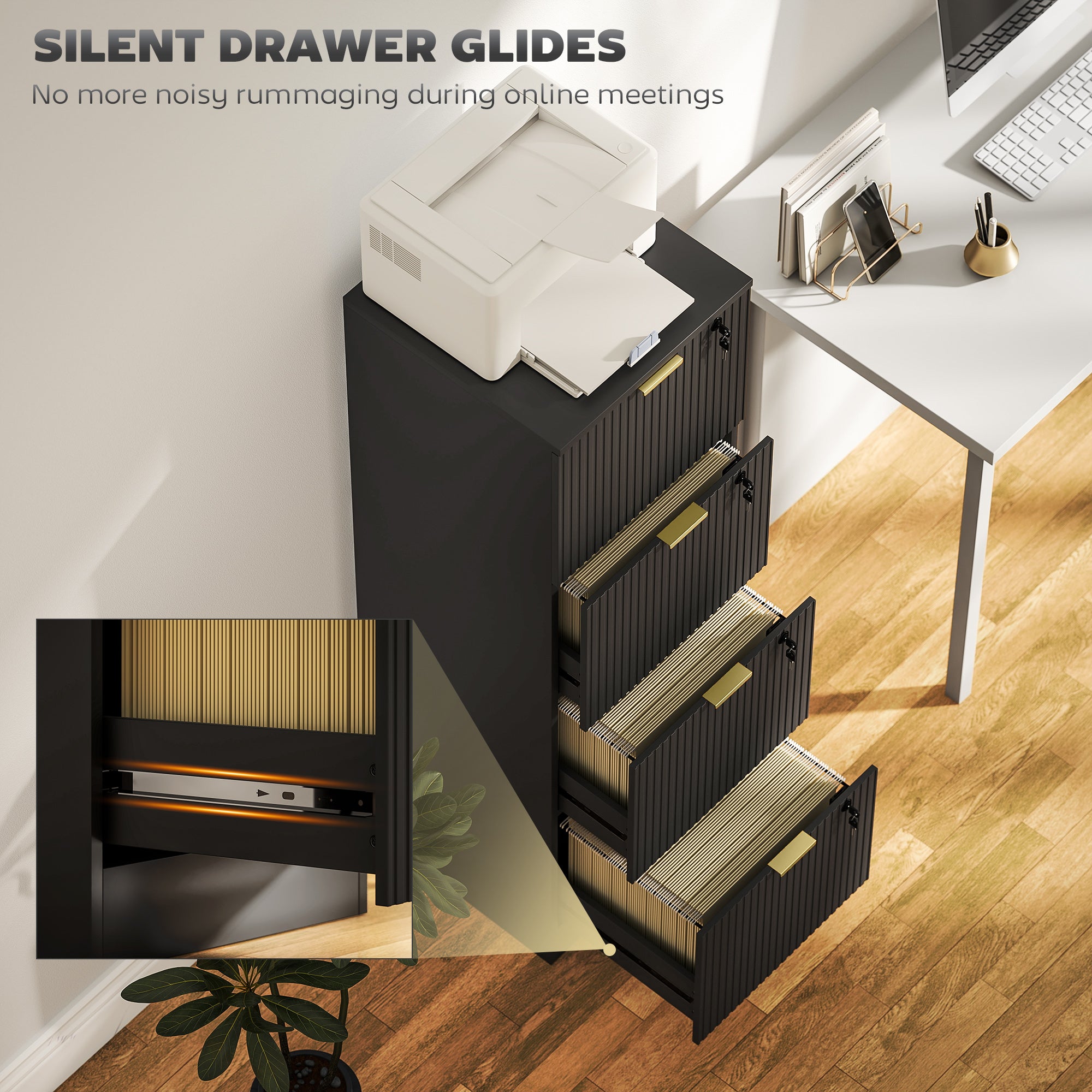 4-Drawer Lockable Filing Cabinet - Black Fluted MDF-DECOROLALA