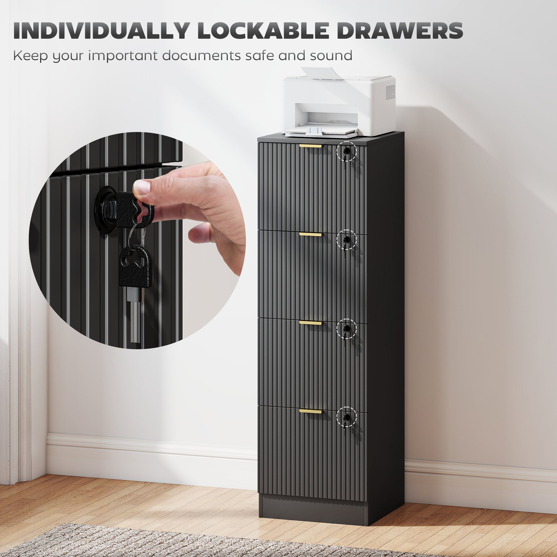4-Drawer Lockable Filing Cabinet - Black Fluted MDF-DECOROLALA