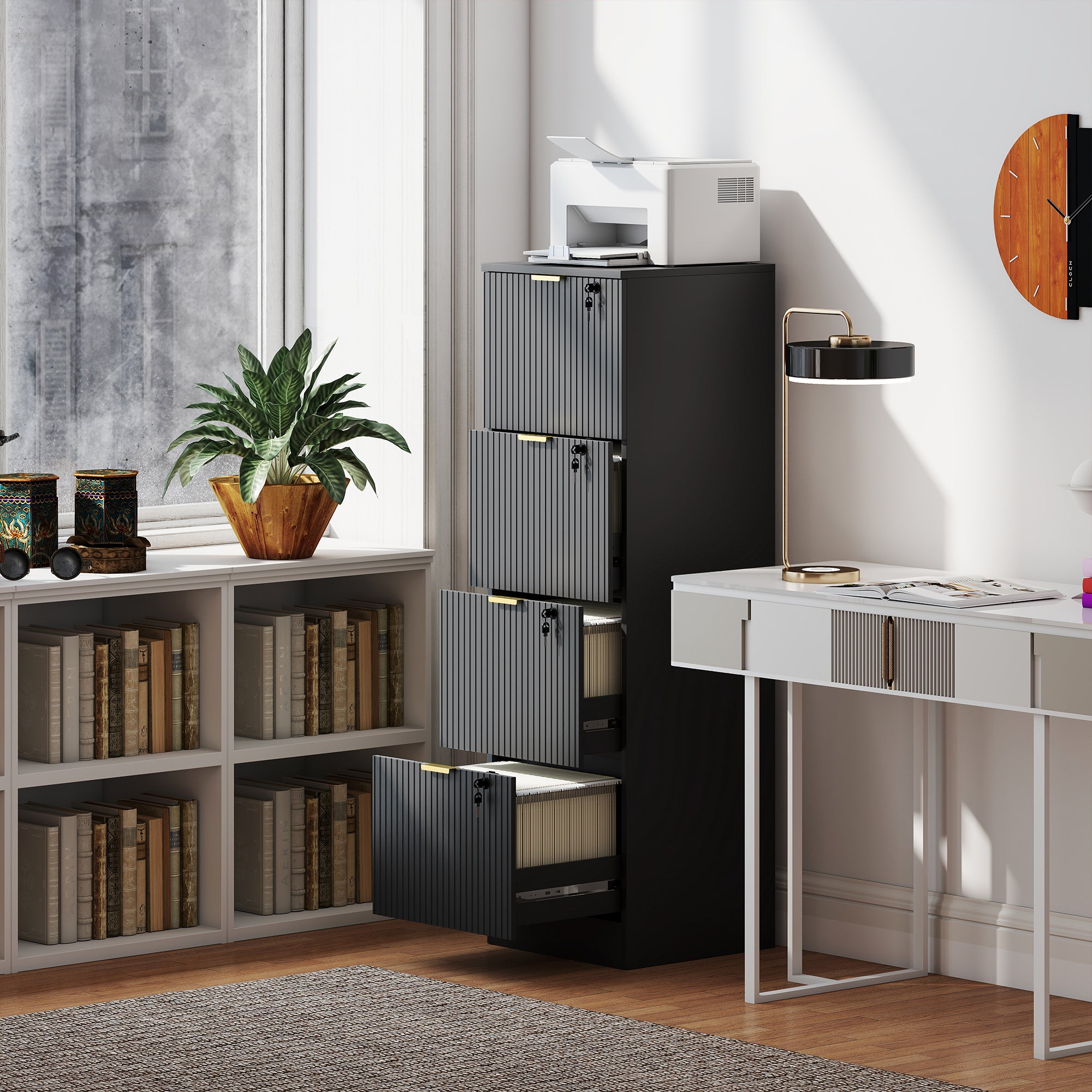 4-Drawer Lockable Filing Cabinet - Black Fluted MDF-DECOROLALA