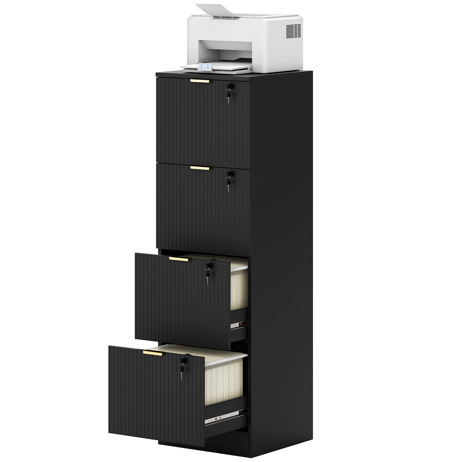 4-Drawer Lockable Filing Cabinet - Black Fluted MDF-DECOROLALA