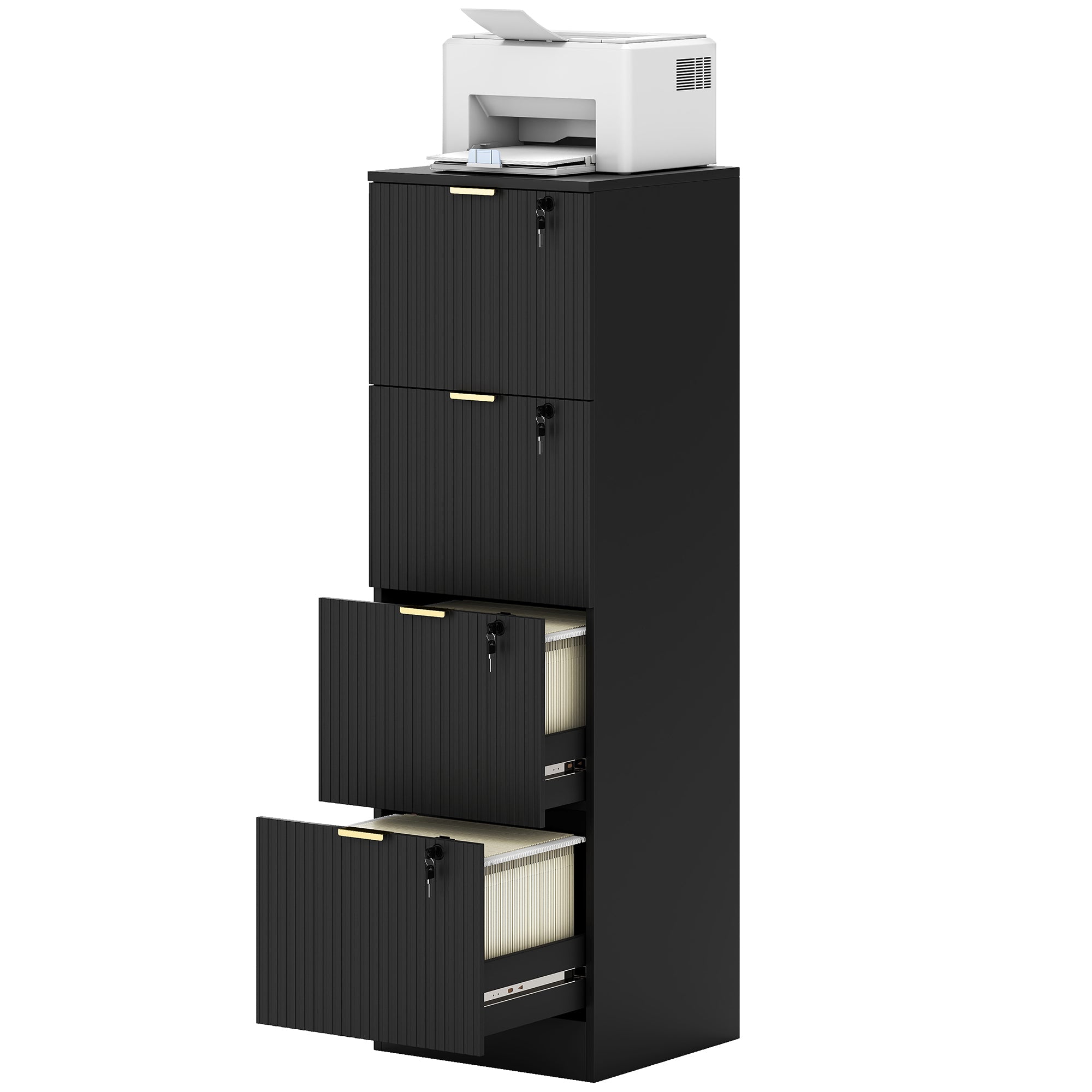 4-Drawer Lockable Filing Cabinet - Black Fluted MDF-DECOROLALA