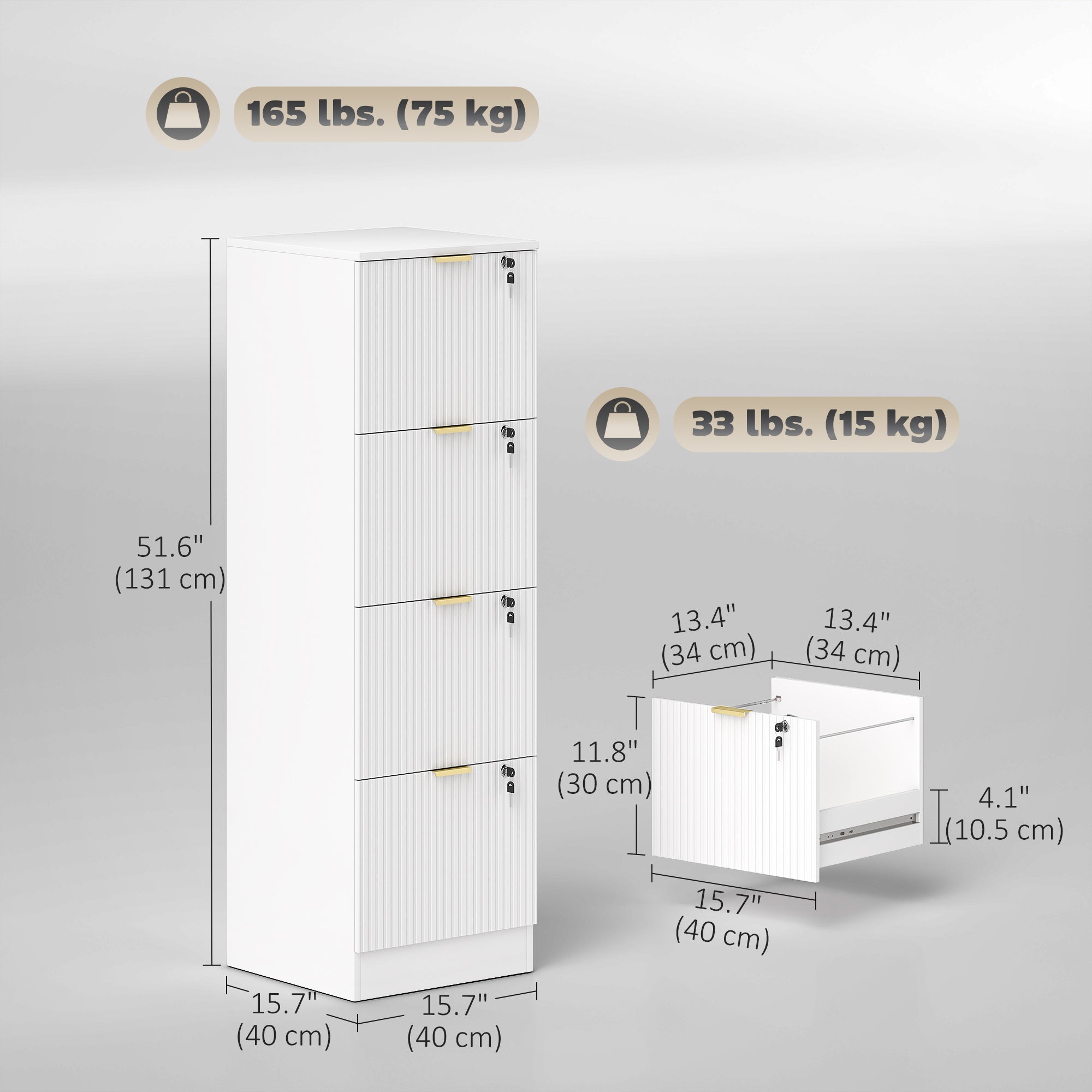 4-Drawer Lockable Filing Cabinet - White Fluted MDF-DECOROLALA