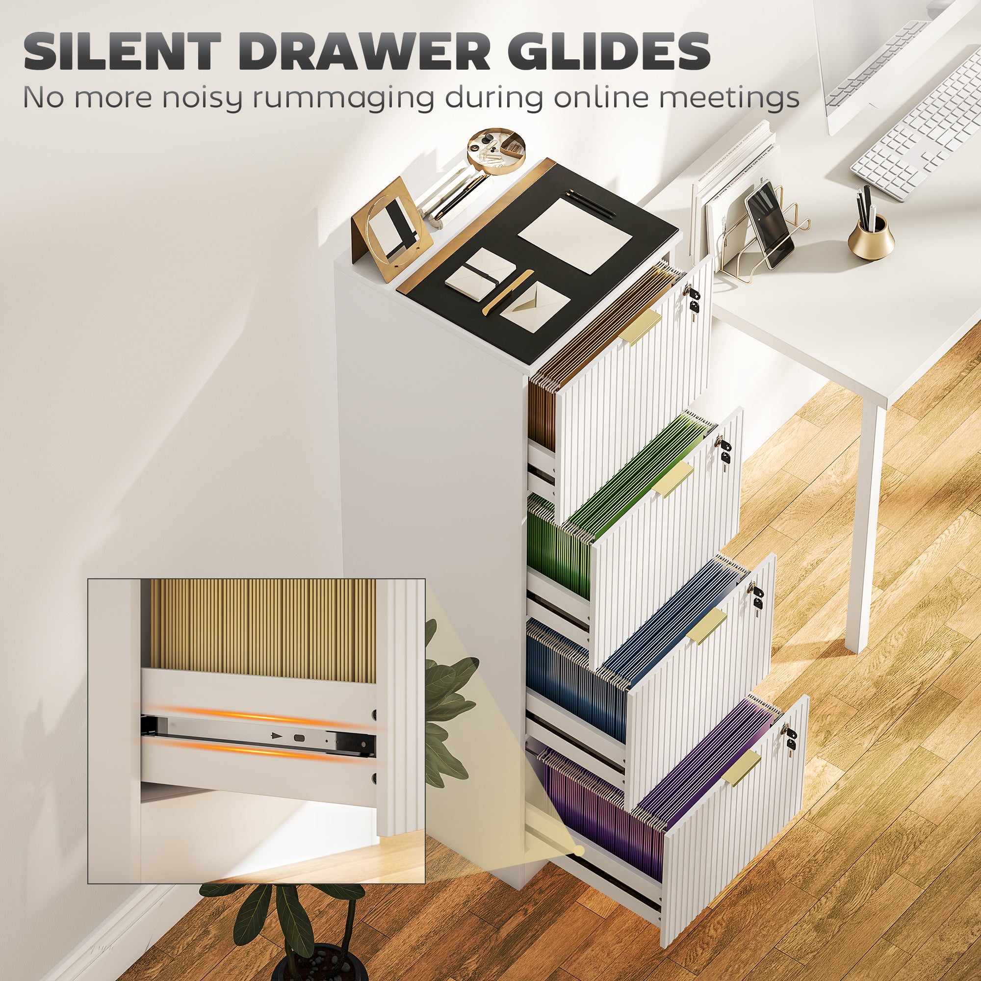 4-Drawer Lockable Filing Cabinet - White Fluted MDF-DECOROLALA
