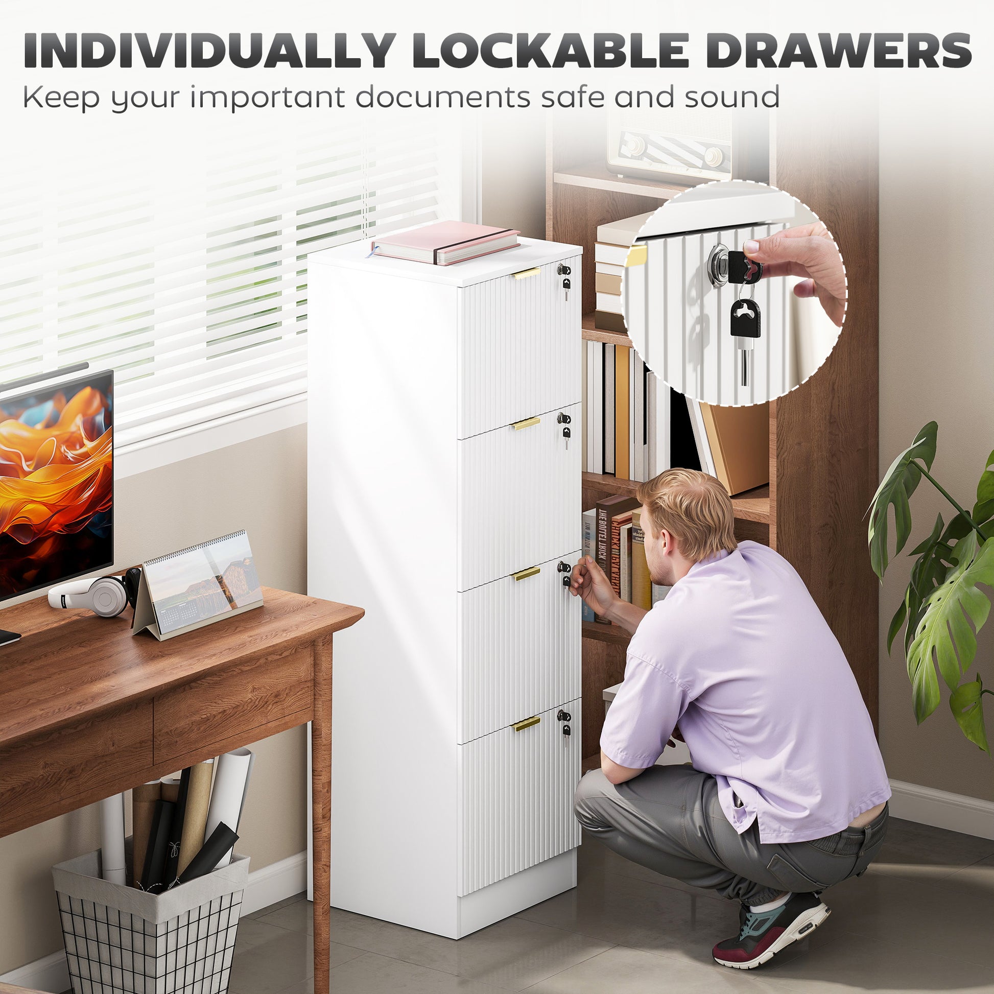 4-Drawer Lockable Filing Cabinet - White Fluted MDF-DECOROLALA