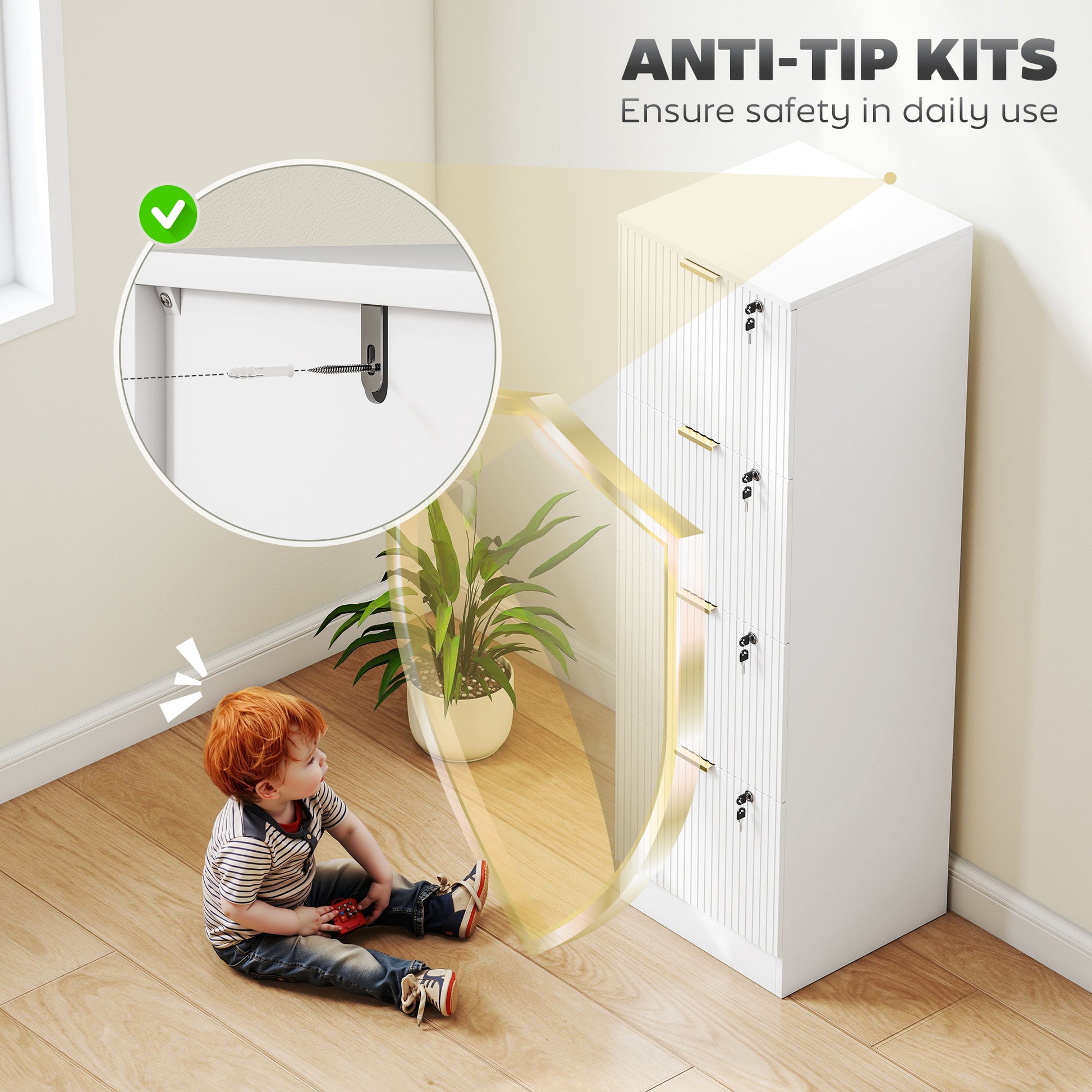 4-Drawer Lockable Filing Cabinet - White Fluted MDF-DECOROLALA