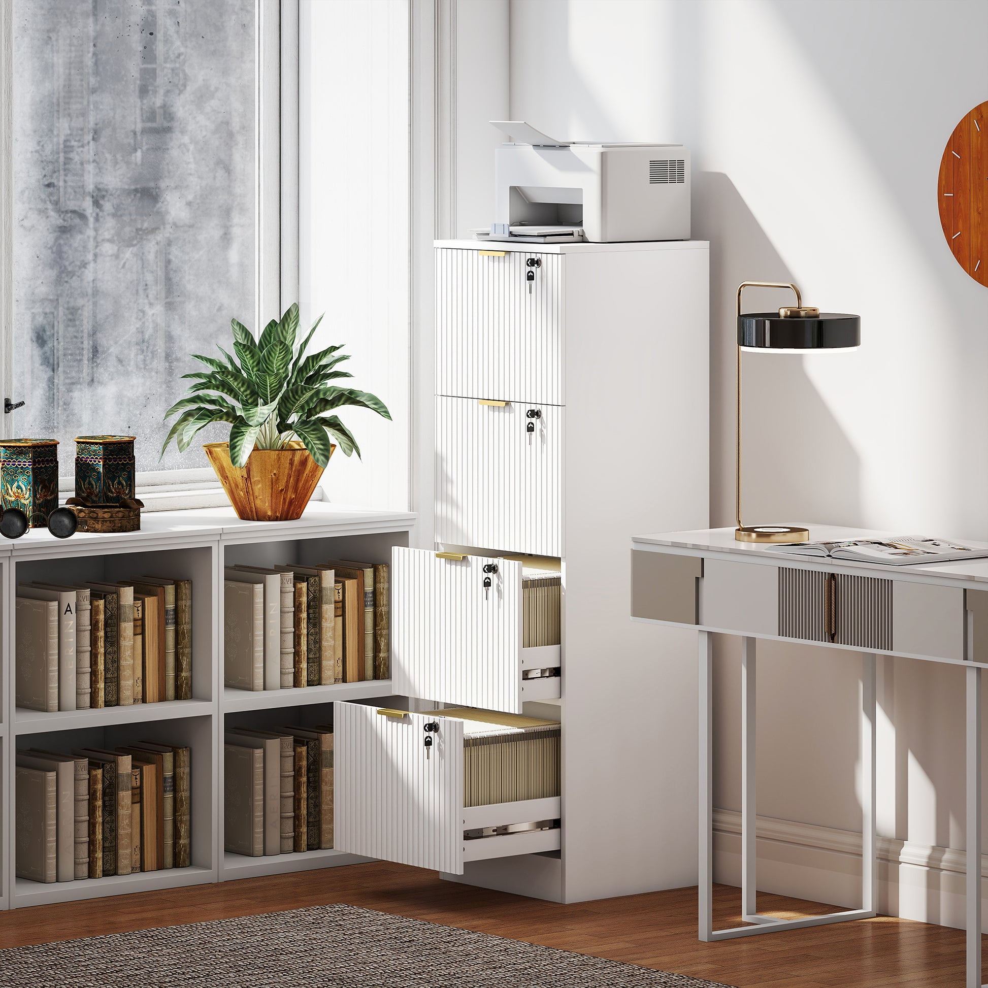 4-Drawer Lockable Filing Cabinet - White Fluted MDF-DECOROLALA