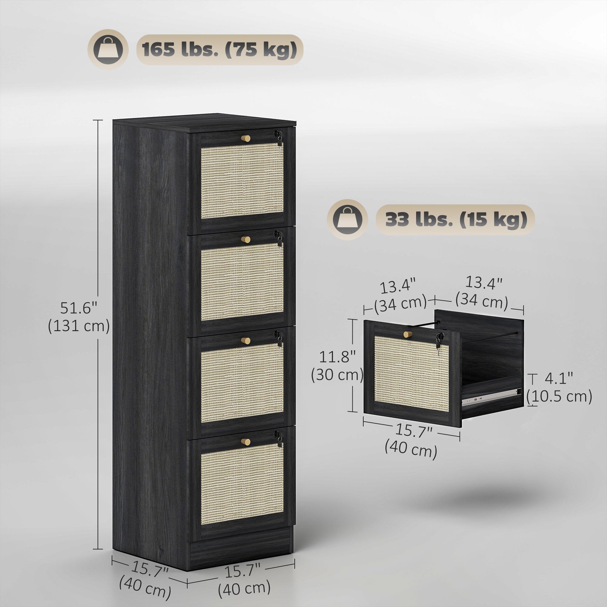 4-Drawer Locking Filing Cabinet - Black Rattan Boho Style-Office Products > Office Furniture > Office Cabinets & Cupboards-DECOROLALA