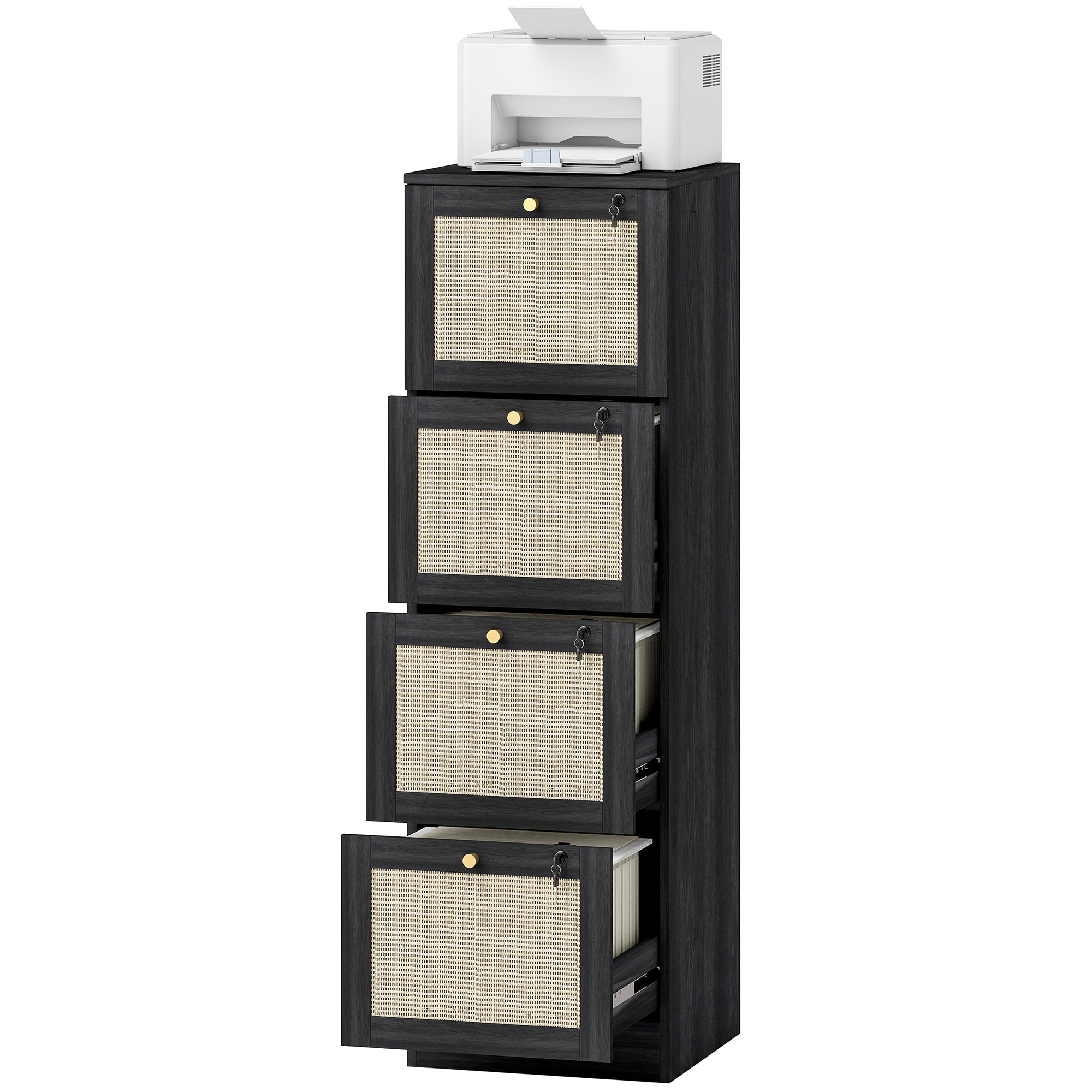 4-Drawer Locking Filing Cabinet - Black Rattan Boho Style-Office Products > Office Furniture > Office Cabinets & Cupboards-DECOROLALA