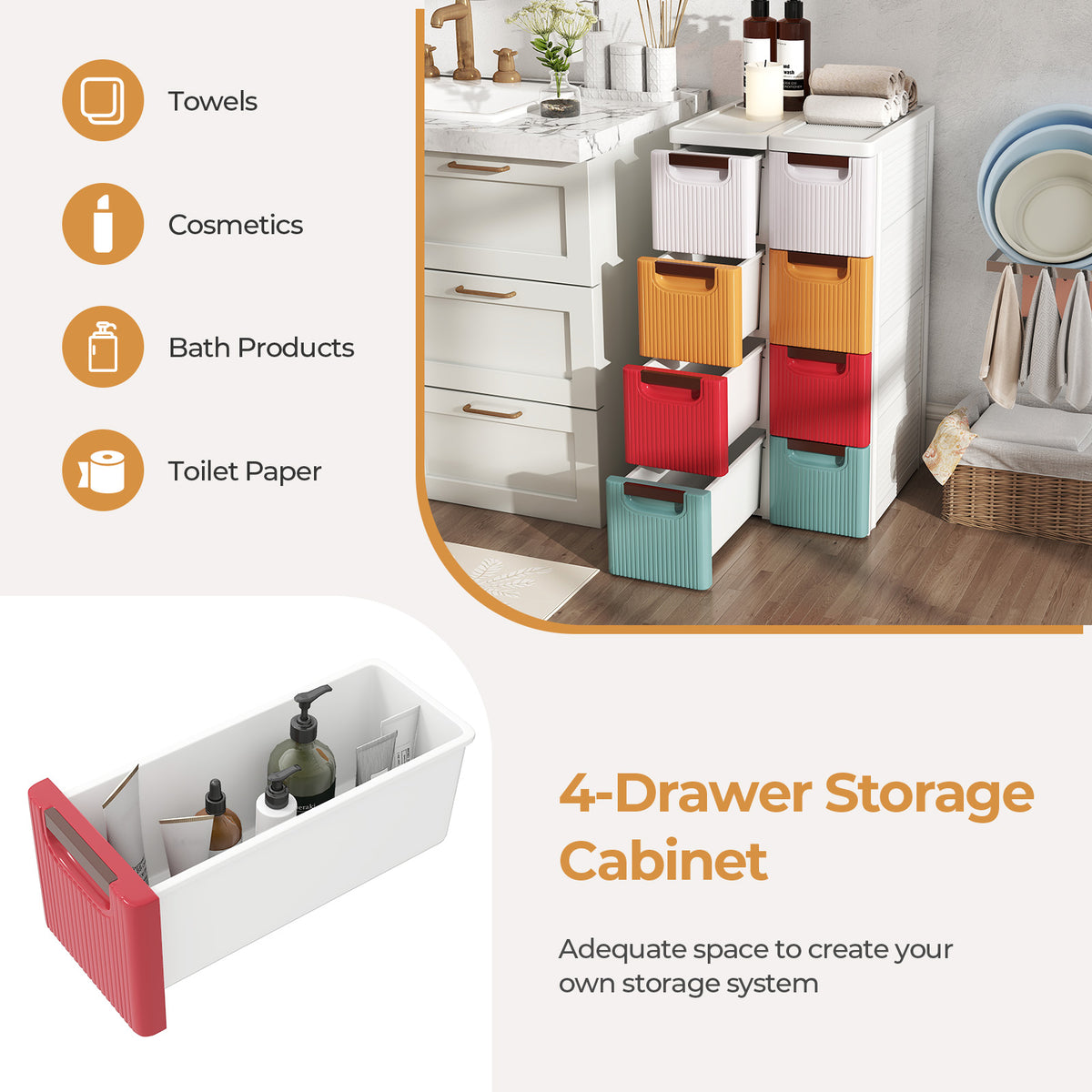 4-Drawer Rolling Storage Cabinet - Multicolor (min order qty 2)-Dressers & Chests-DECOROLALA