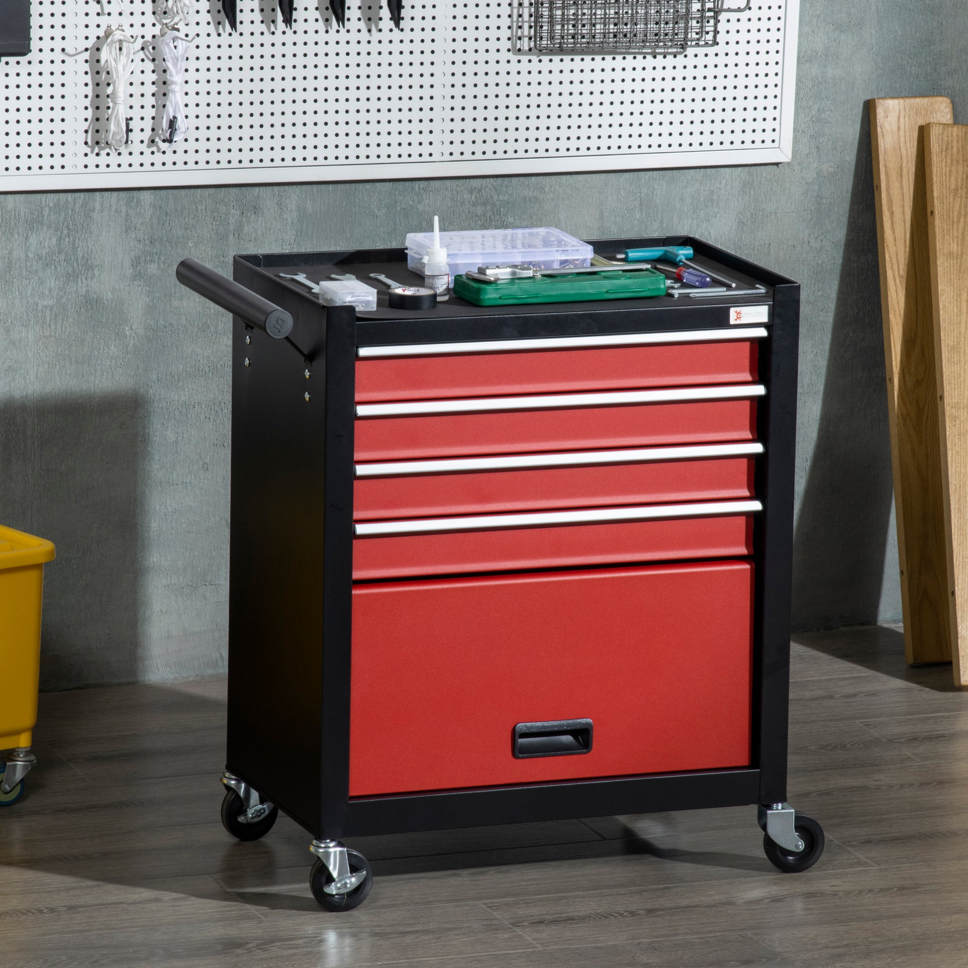 4-Drawer Rolling Tool Chest Storage Cabinet - Red Steel-DECOROLALA