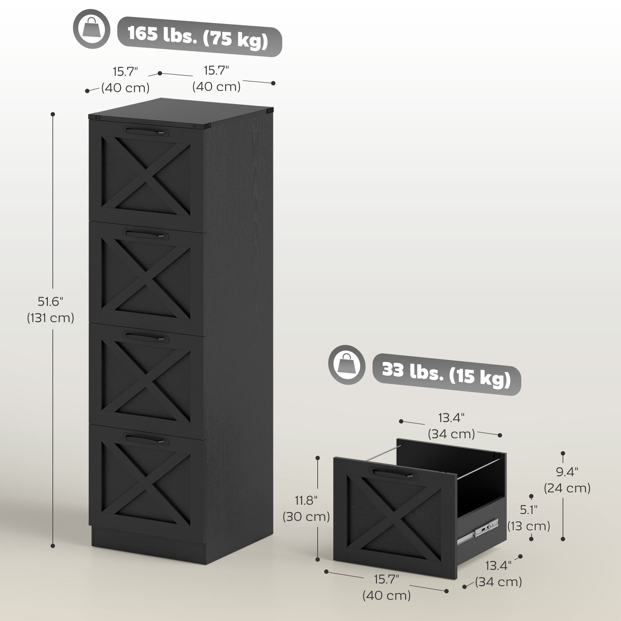 4-Drawer Vertical Farmhouse File Cabinet - Black-Office Products > Office Furniture > Office Cabinets & Cupboards-DECOROLALA