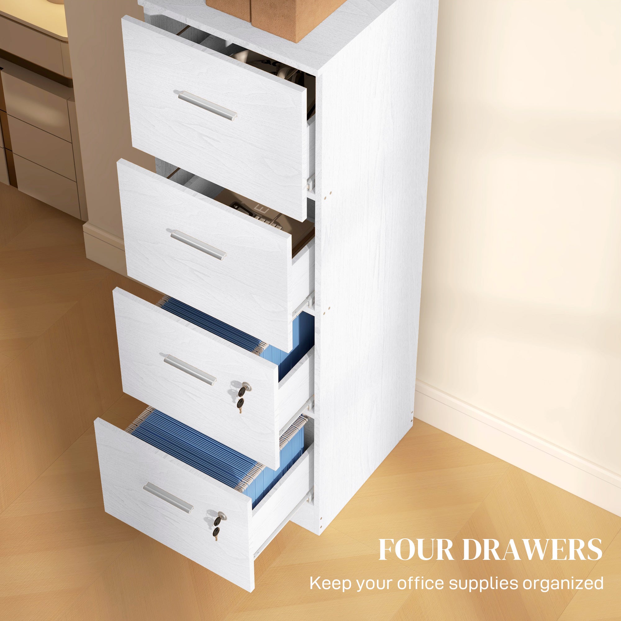 4-Drawer Vertical Filing Cabinet with Lock - White-DECOROLALA