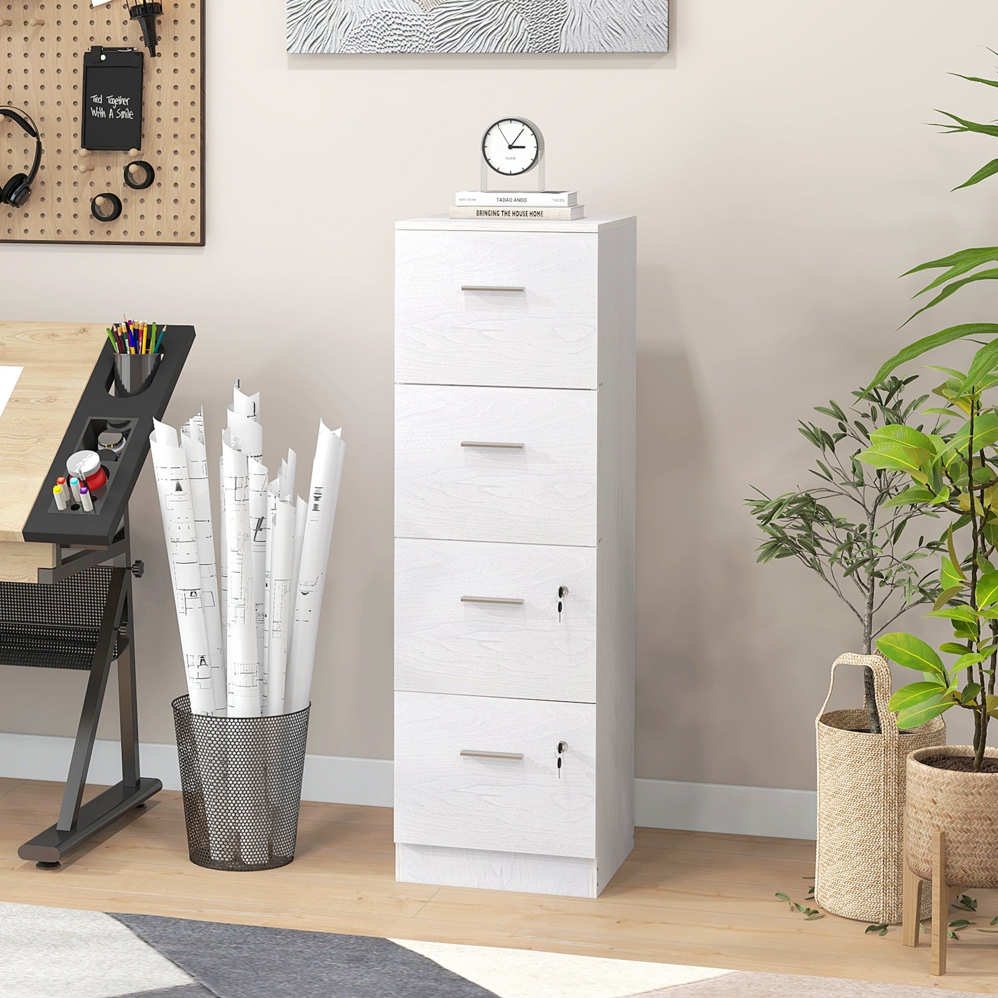 4-Drawer Vertical Filing Cabinet with Lock - White-DECOROLALA