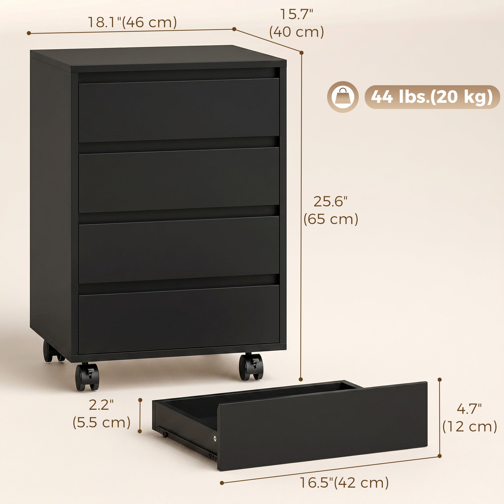 4-Drawer Vertical Filing Cabinet with Wheels - Black-Office Products > Office Furniture > Office Cabinets & Cupboards-DECOROLALA