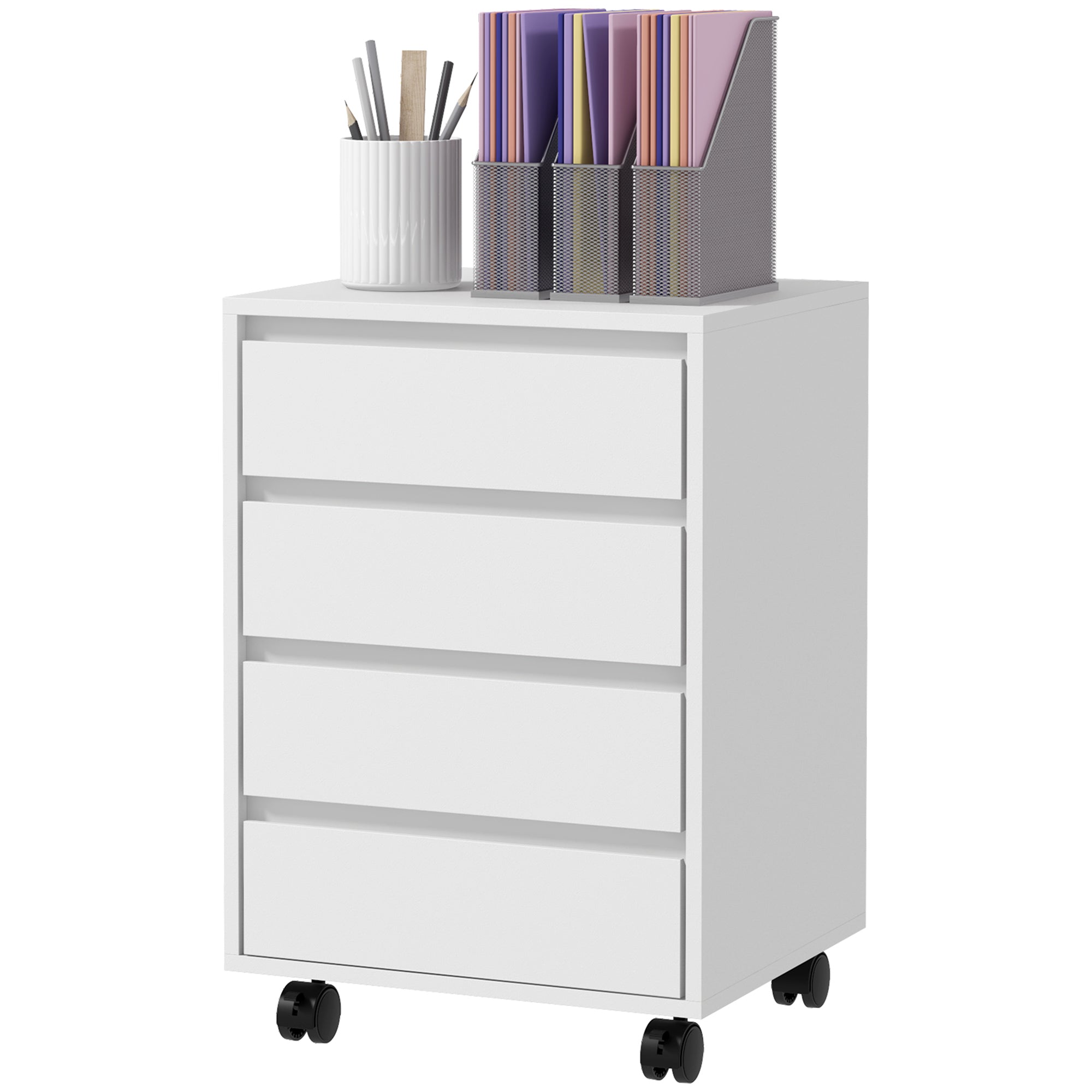 4-Drawer Vertical Filing Cabinet with Wheels - White MDF-Office Products > Office Furniture > Office Cabinets & Cupboards-DECOROLALA