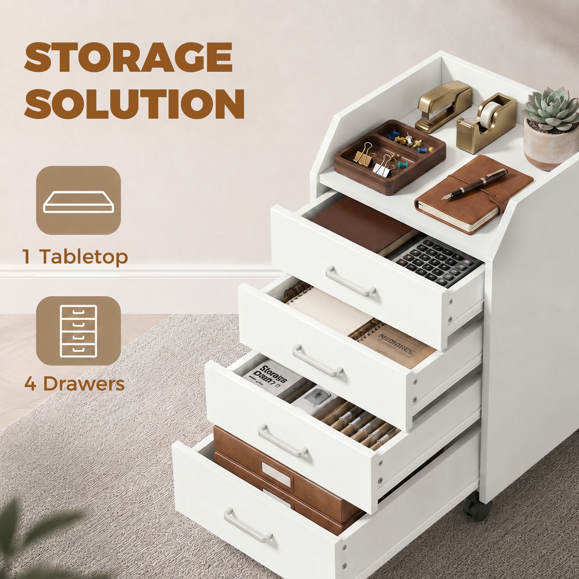4-Drawer Vertical Mobile Filing Cabinet, File Cabinet with Lockable Wheels for Home Office, White-Office Products > Office Furniture > Office Cabinets & Cupboards-DECOROLALA