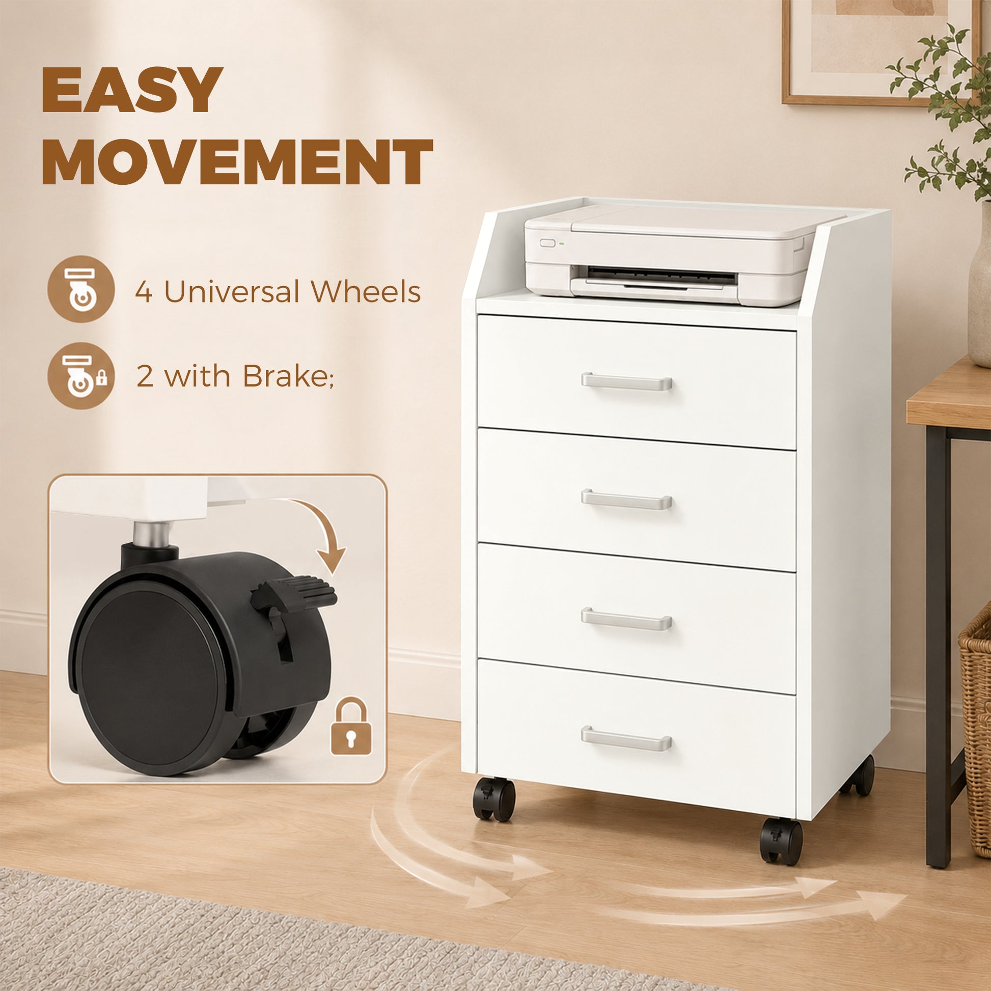 4-Drawer Vertical Mobile Filing Cabinet, File Cabinet with Lockable Wheels for Home Office, White-Office Products > Office Furniture > Office Cabinets & Cupboards-DECOROLALA