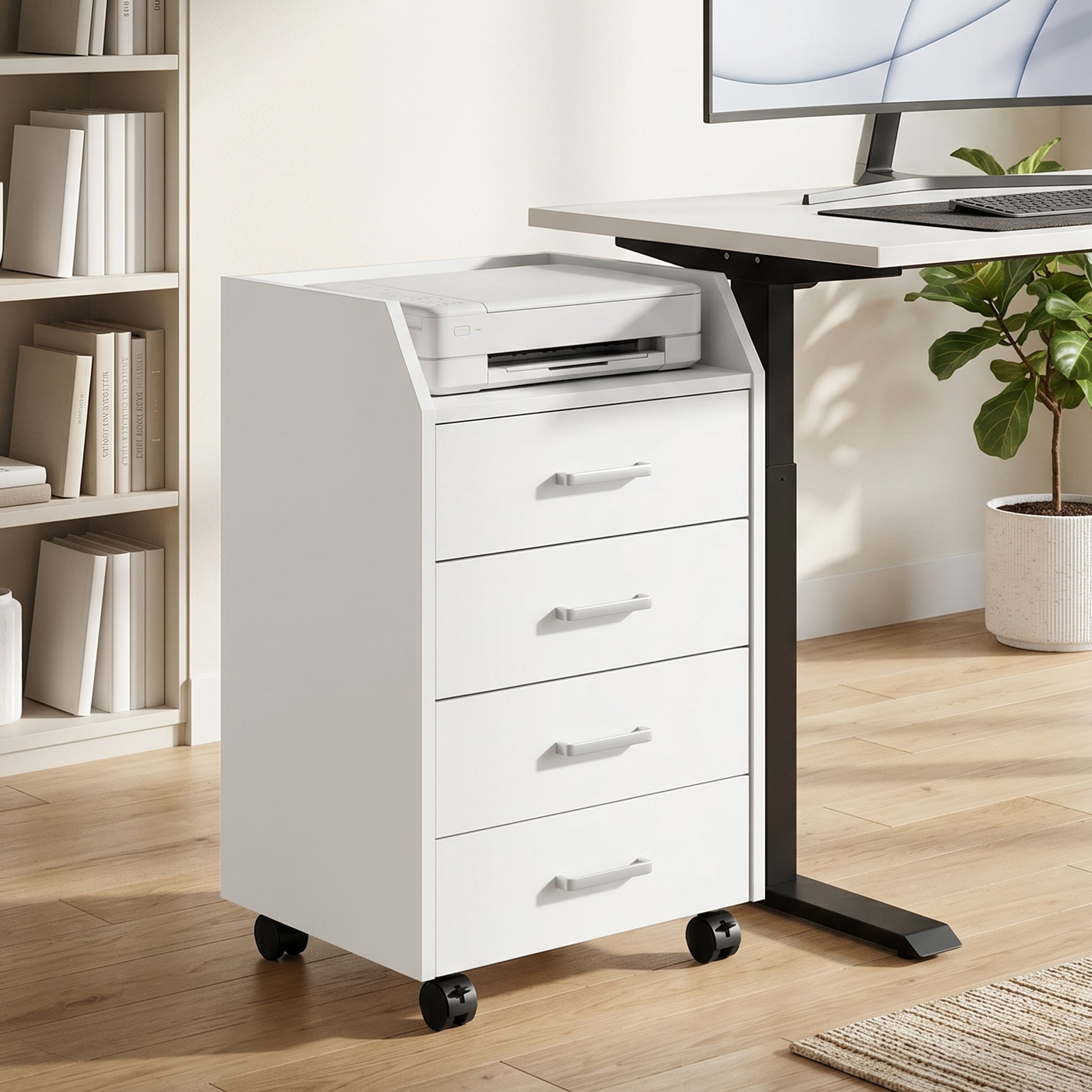 4-Drawer Vertical Mobile Filing Cabinet, File Cabinet with Lockable Wheels for Home Office, White-Office Products > Office Furniture > Office Cabinets & Cupboards-DECOROLALA