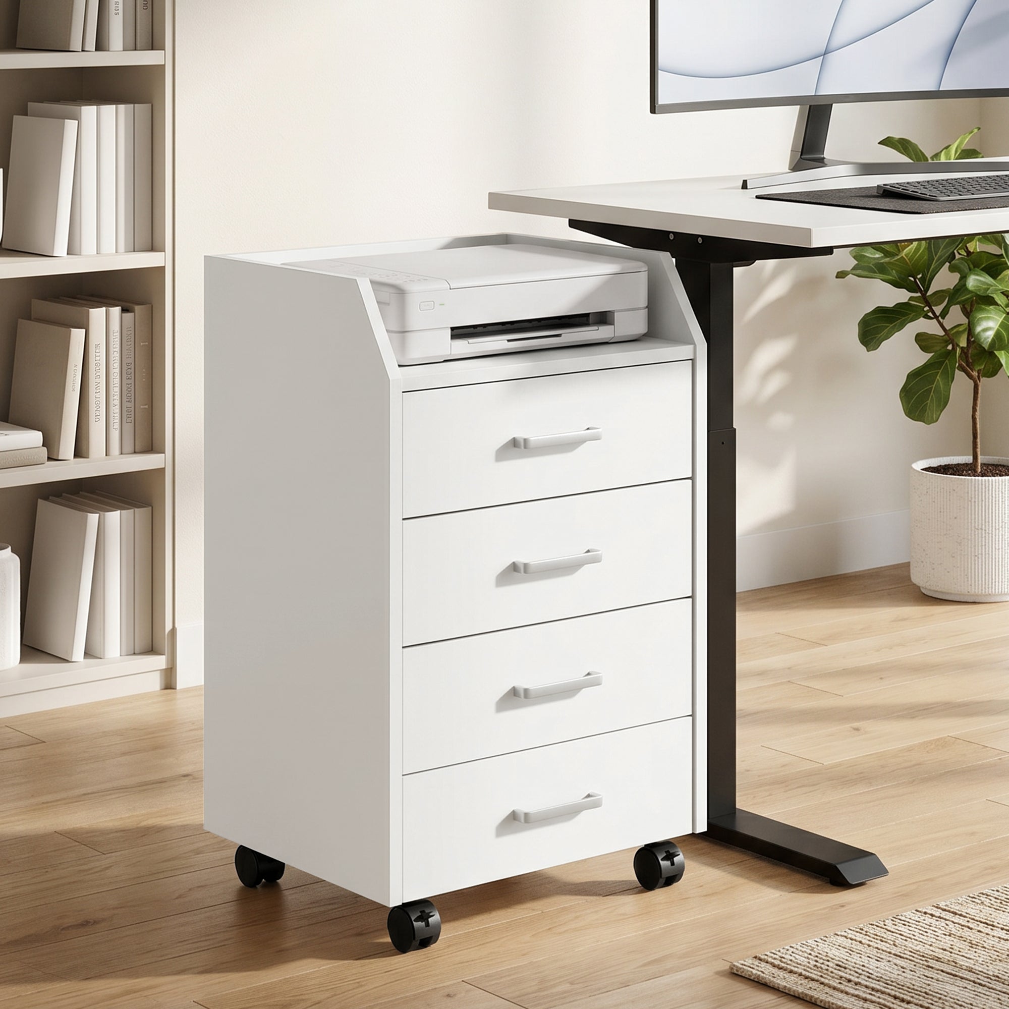 4-Drawer Vertical Mobile Filing Cabinet, File Cabinet with Lockable Wheels for Home Office, White-Office Products > Office Furniture > Office Cabinets & Cupboards-DECOROLALA