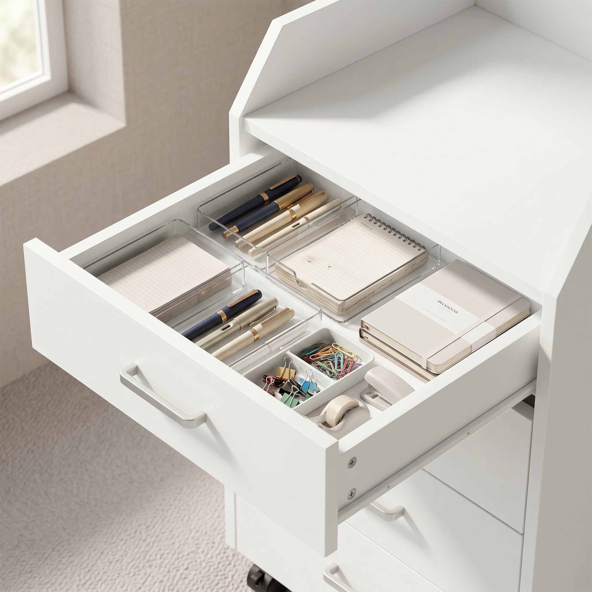 4-Drawer Vertical Mobile Filing Cabinet, File Cabinet with Lockable Wheels for Home Office, White-Office Products > Office Furniture > Office Cabinets & Cupboards-DECOROLALA