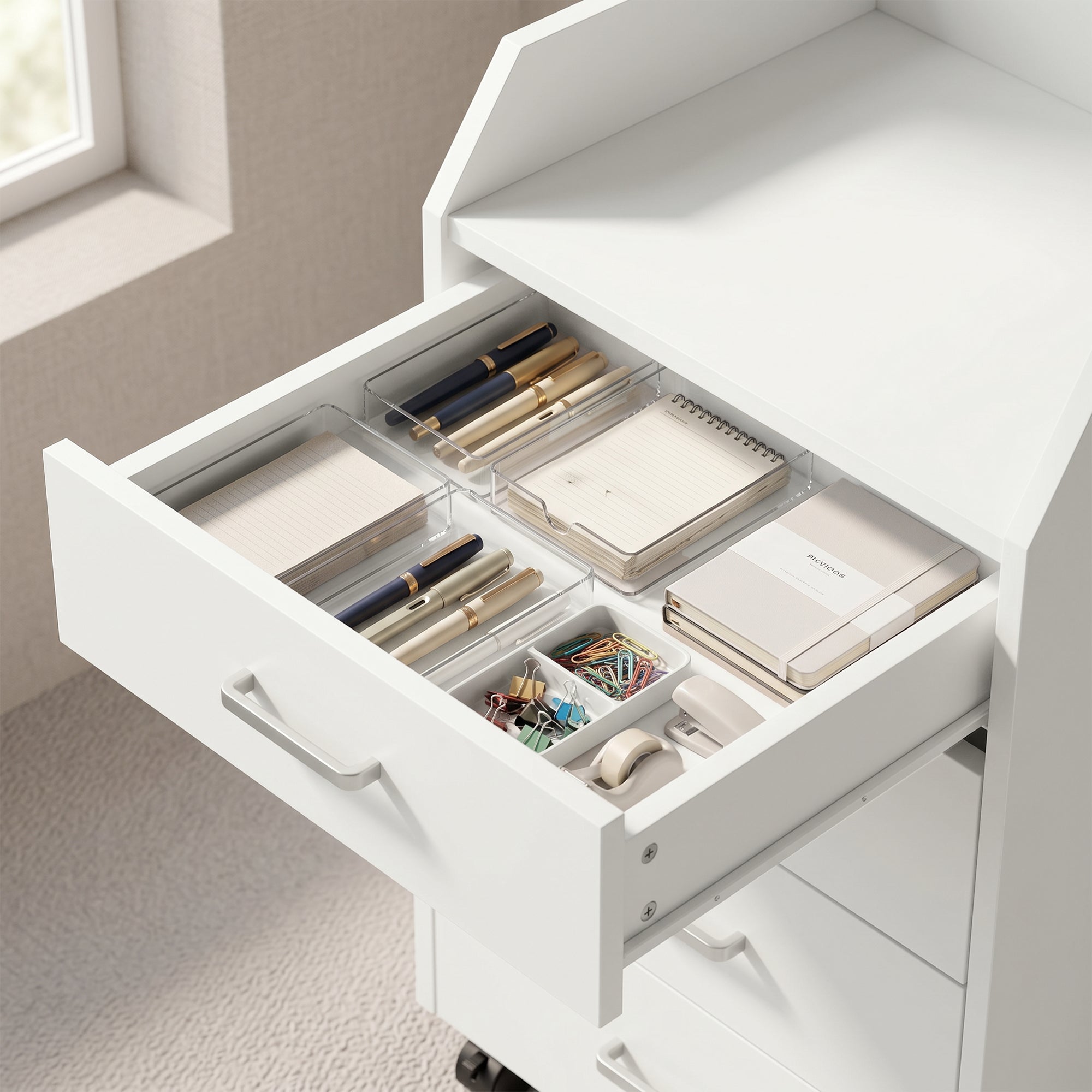 4-Drawer Vertical Mobile Filing Cabinet, File Cabinet with Lockable Wheels for Home Office, White-Office Products > Office Furniture > Office Cabinets & Cupboards-DECOROLALA