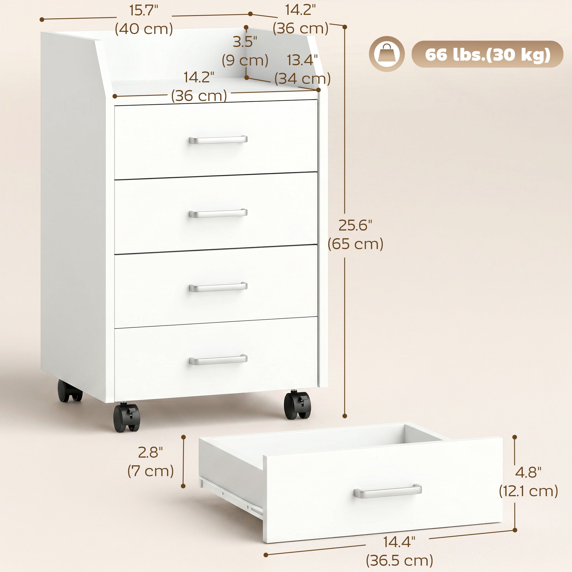 4-Drawer Vertical Mobile Filing Cabinet - White-Office Products > Office Furniture > Office Cabinets & Cupboards-DECOROLALA