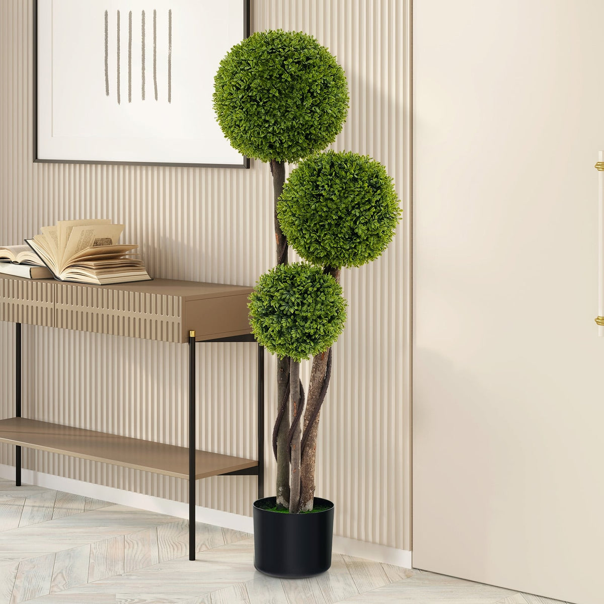 4 FT Artificial Boxwood Topiary Ball Tree in Weighted Pot with Triple Ball-Artificial Plants-DECOROLALA