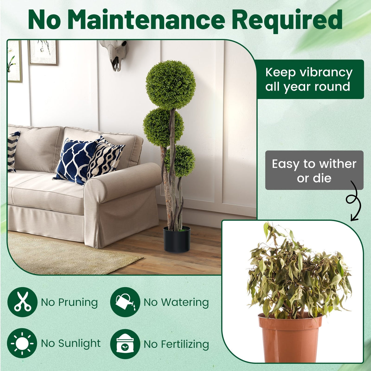 4 FT Artificial Boxwood Topiary Ball Tree in Weighted Pot with Triple Ball-Artificial Plants-DECOROLALA