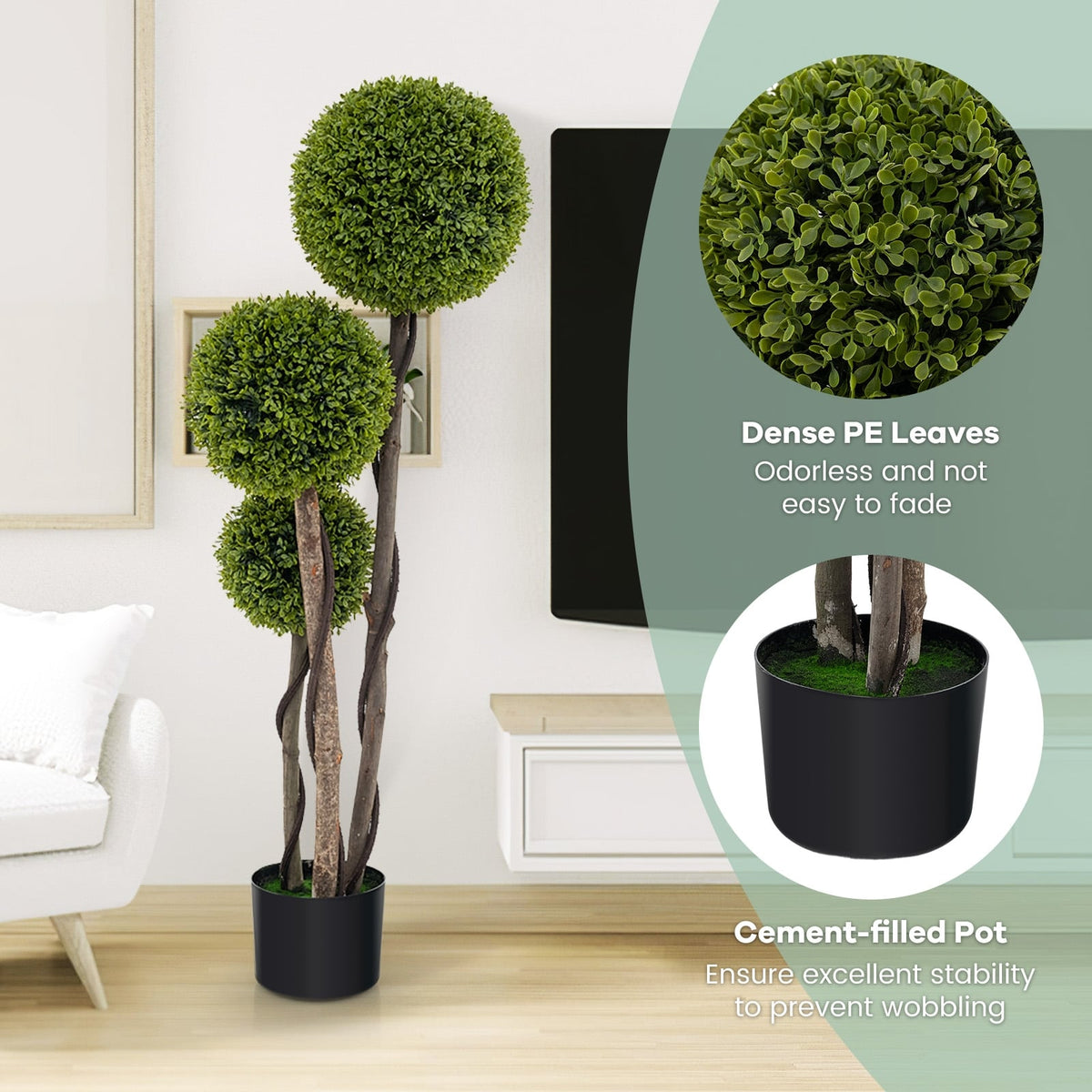 4 FT Artificial Boxwood Topiary Ball Tree in Weighted Pot with Triple Ball-Artificial Plants-DECOROLALA