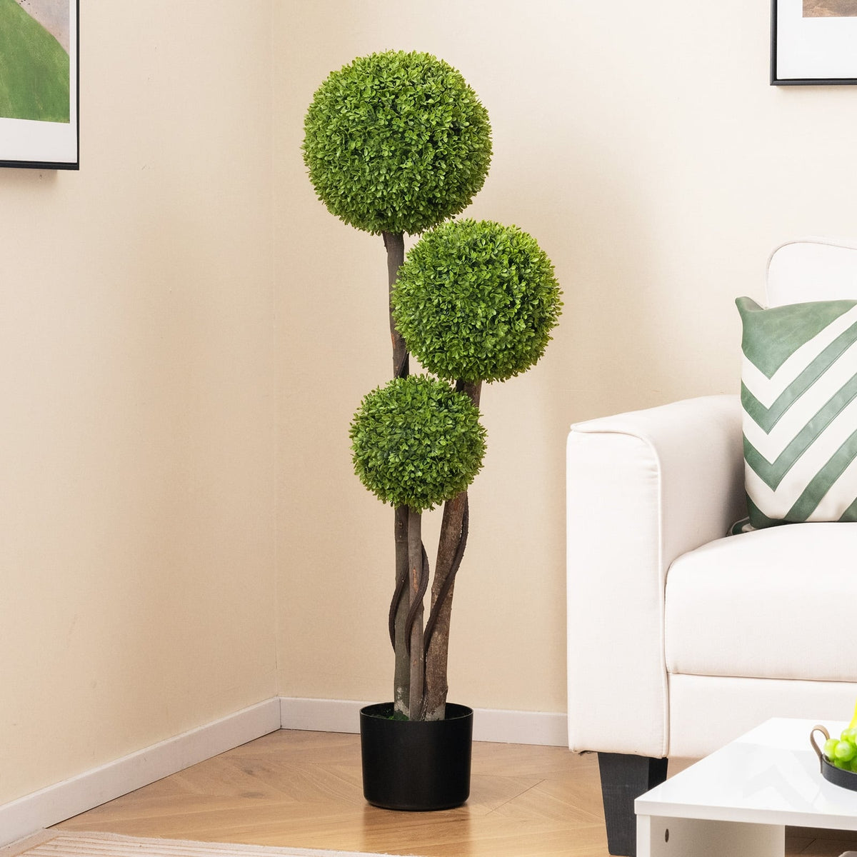 4 FT Artificial Boxwood Topiary Ball Tree in Weighted Pot with Triple Ball-Artificial Plants-DECOROLALA