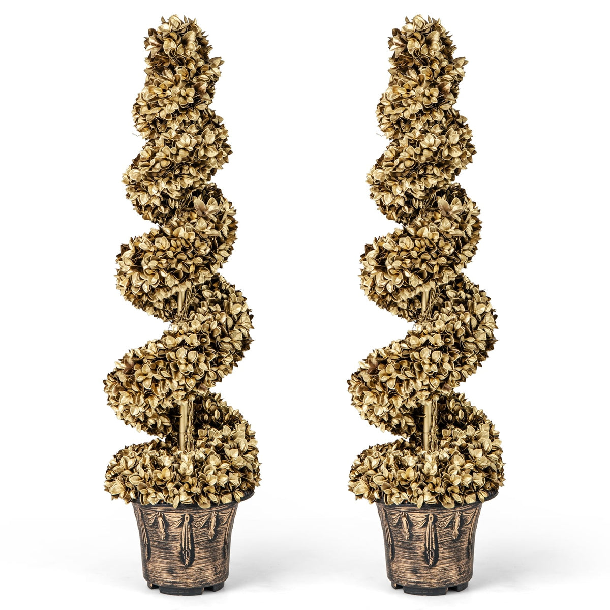 4 FT Artificial Topiary Spiral Tree Set of 2 with Vintage Plastic Nursery Pot-Gold-Artificial Plants-DECOROLALA