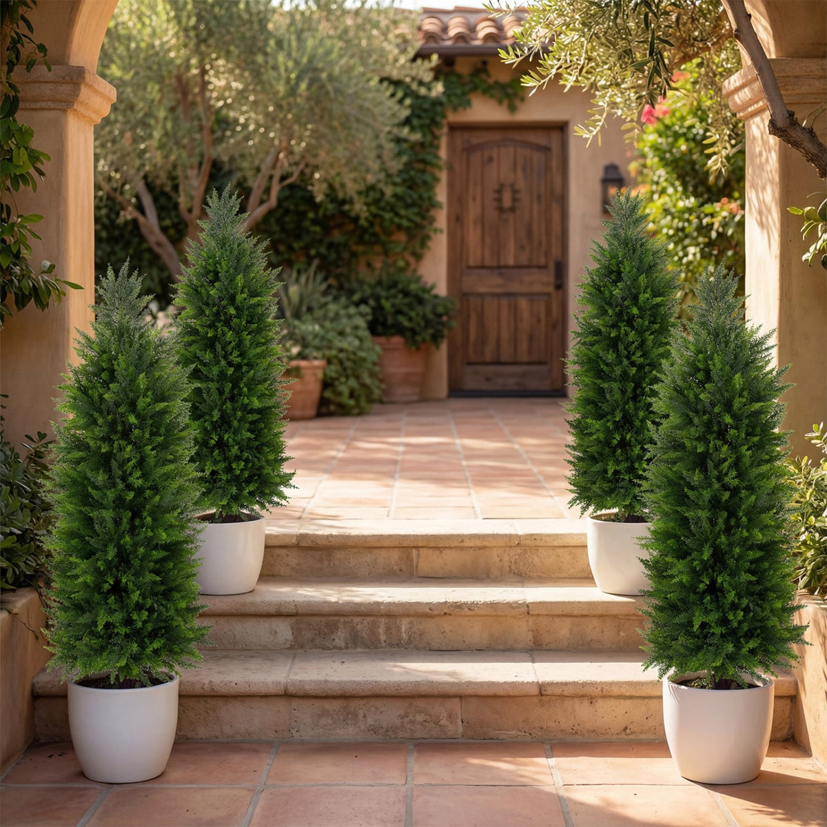 4 FT Artificial Topiary Tree Set of 2 Faux Cedar Cypress Plants in Cement-Filled Pots-Green-Artificial Plants-DECOROLALA