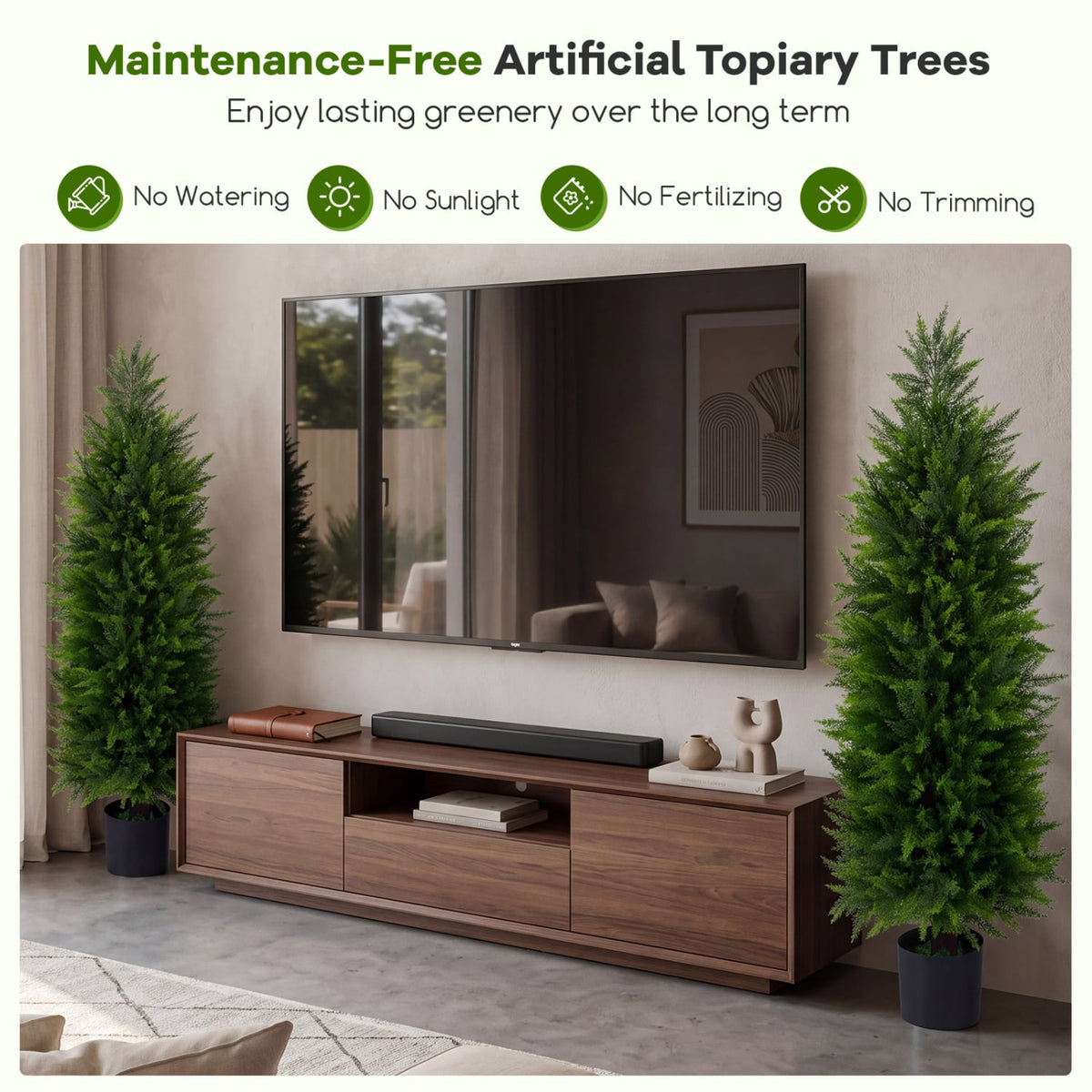 4 FT Artificial Topiary Tree Set of 2 Faux Cedar Cypress Plants in Cement-Filled Pots-Green-Artificial Plants-DECOROLALA