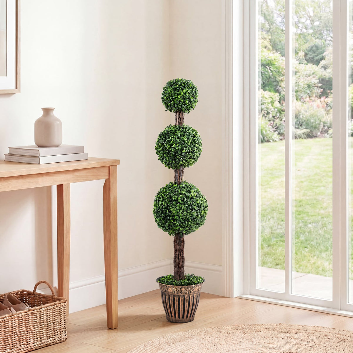 4 FT Artificial Triple Ball Boxwood Tree with Cement-filled Retro Planter-Green-Artificial Plants-DECOROLALA