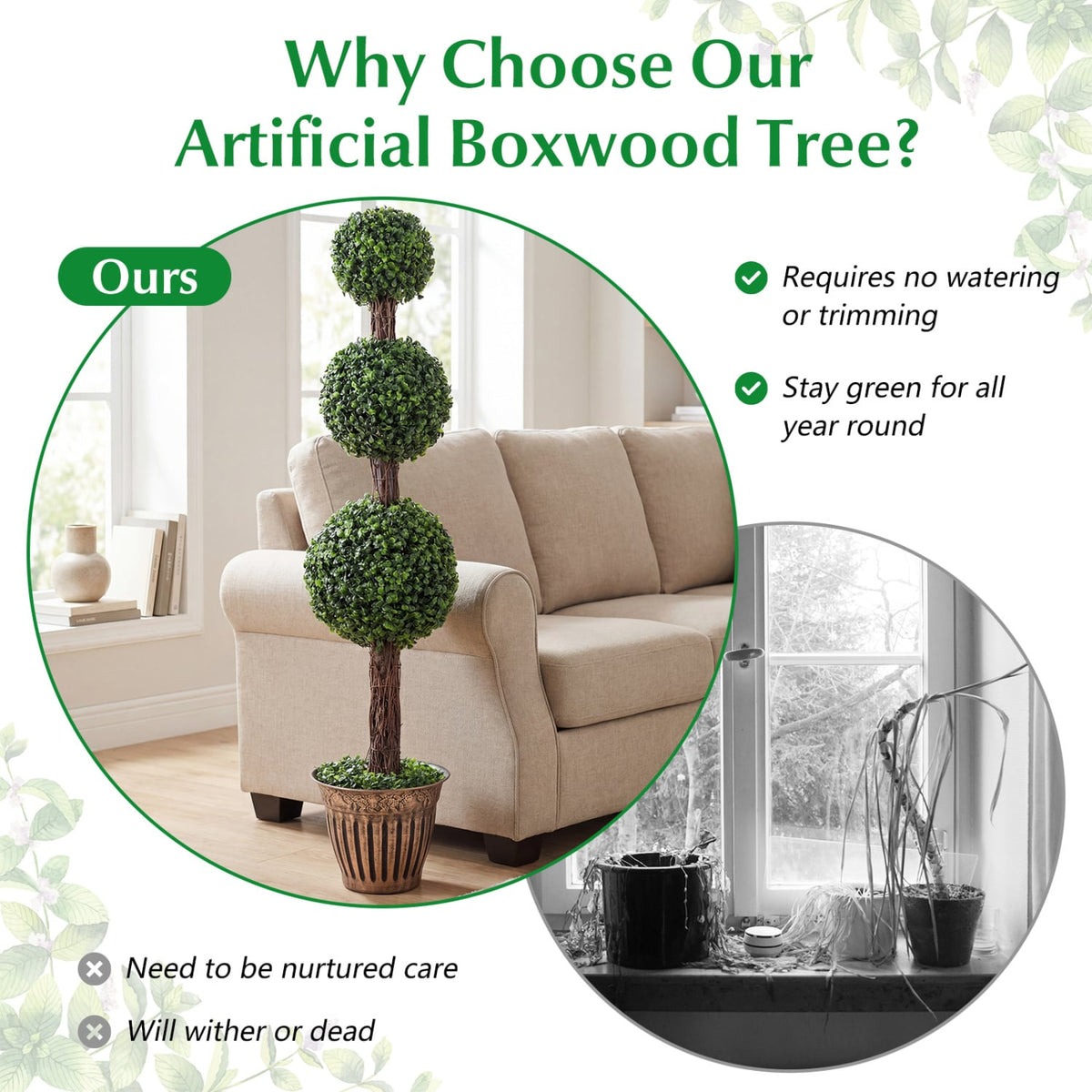 4 FT Artificial Triple Ball Boxwood Tree with Cement-filled Retro Planter-Green-Artificial Plants-DECOROLALA