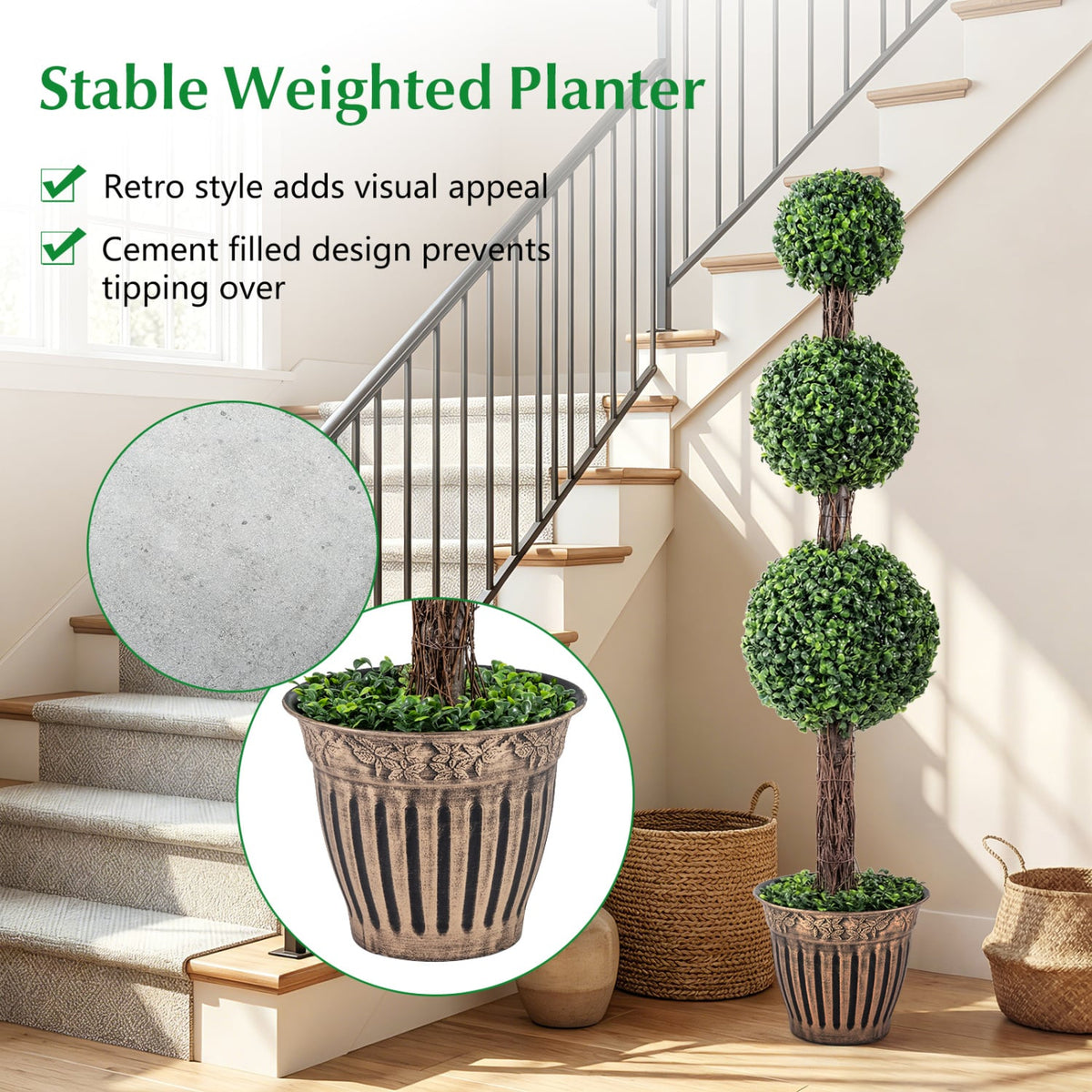 4 FT Artificial Triple Ball Boxwood Tree with Cement-filled Retro Planter-Green-Artificial Plants-DECOROLALA