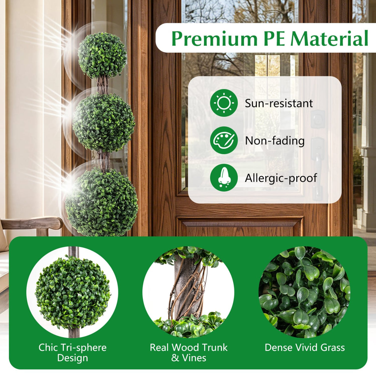 4 FT Artificial Triple Ball Boxwood Tree with Cement-filled Retro Planter-Green-Artificial Plants-DECOROLALA